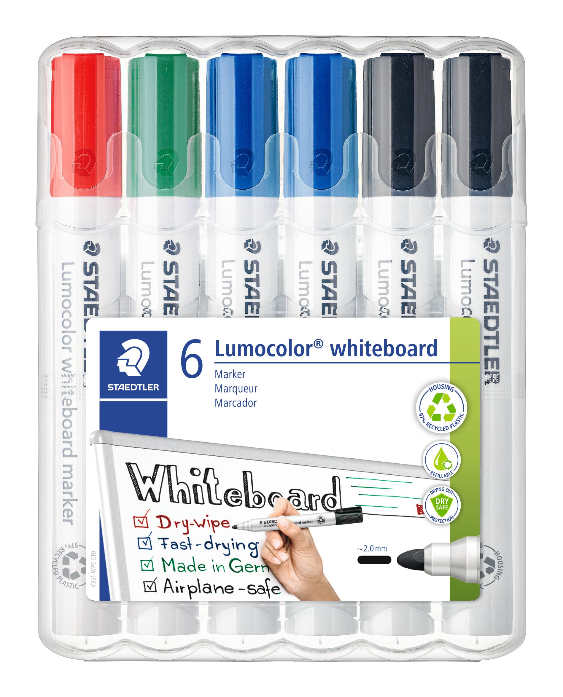 STAEDTLER Rotulador de pizarra blanca Lumocolor 351, punta redonda de 2 mm, juego con 6 rotuladores, fabricado en Alemania