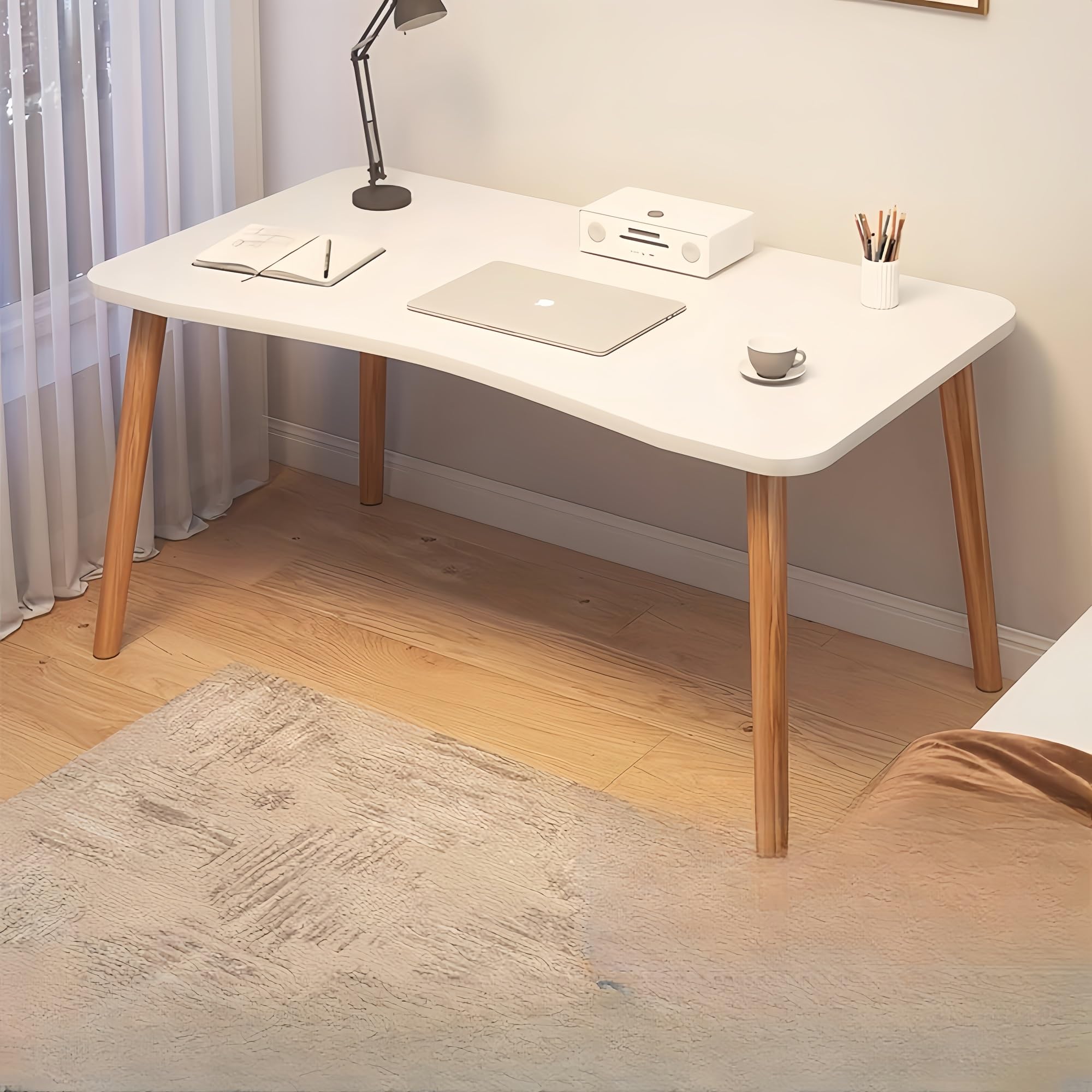 Escritorio de madera para juegos en forma de L con superficie curvada y bordes redondos, fácil montaje, amplio almacenamiento debajo de la mesa, patas antideslizantes, ideal para la oficina en casa o