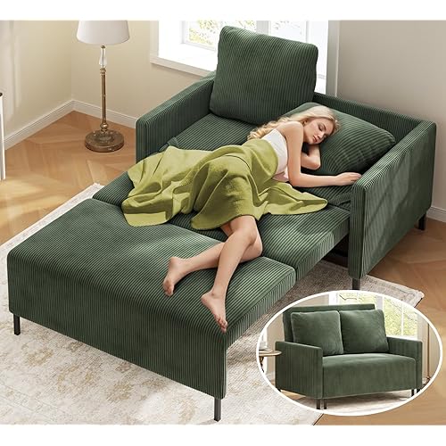 Corduroy Convertible Sofa Bed, 47" Loveseat Sleeper Sofa, Pull out Couch 618lb Capacity, Modern Sleeper Couch Bed 2 Fluffy Pillow Include, Small Couches for Small Spaces/Apartment/Office, Forest Green