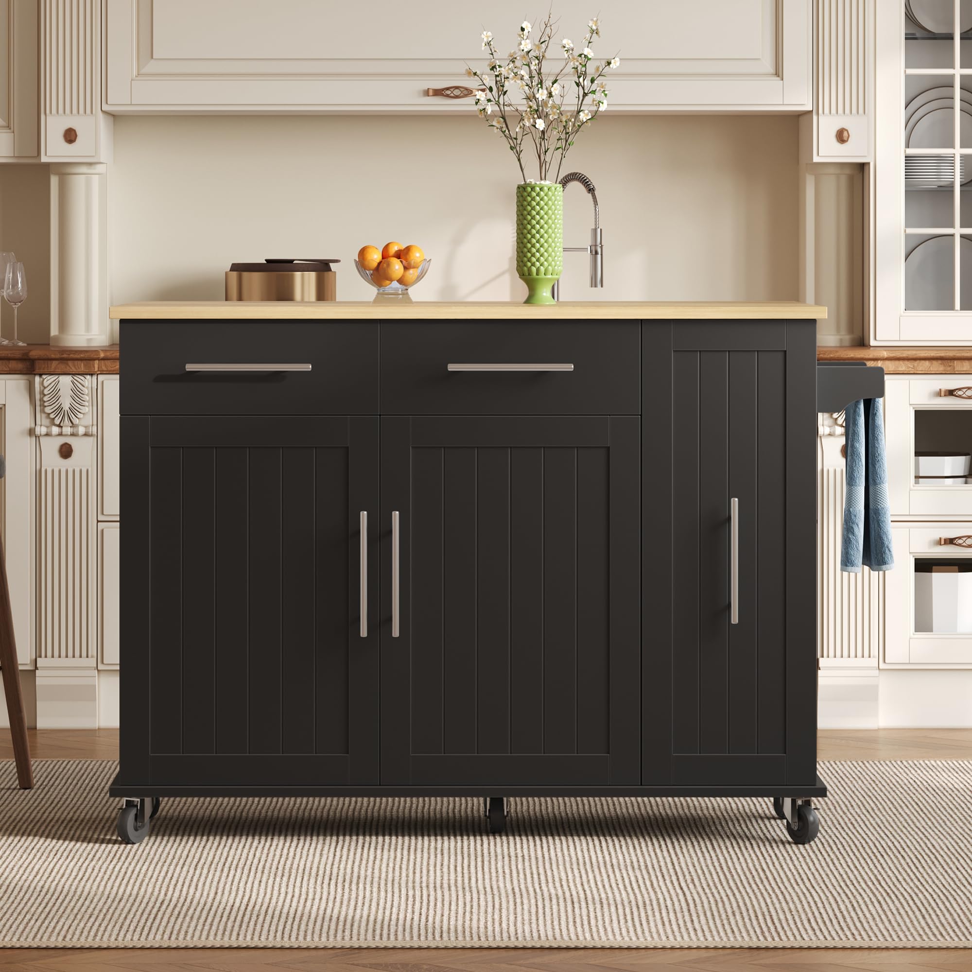 Merax Kücheninsel mit Klappbarer Arbeitsplatte, Kitchen island mit 5 Rollen, 2 Schubladen, Tier Pull Out Cabinet, Handtuchhalter und Gewürz, Küchenwagen, Küchenschrank für Küche, 120×65×90cm (Schwarz)