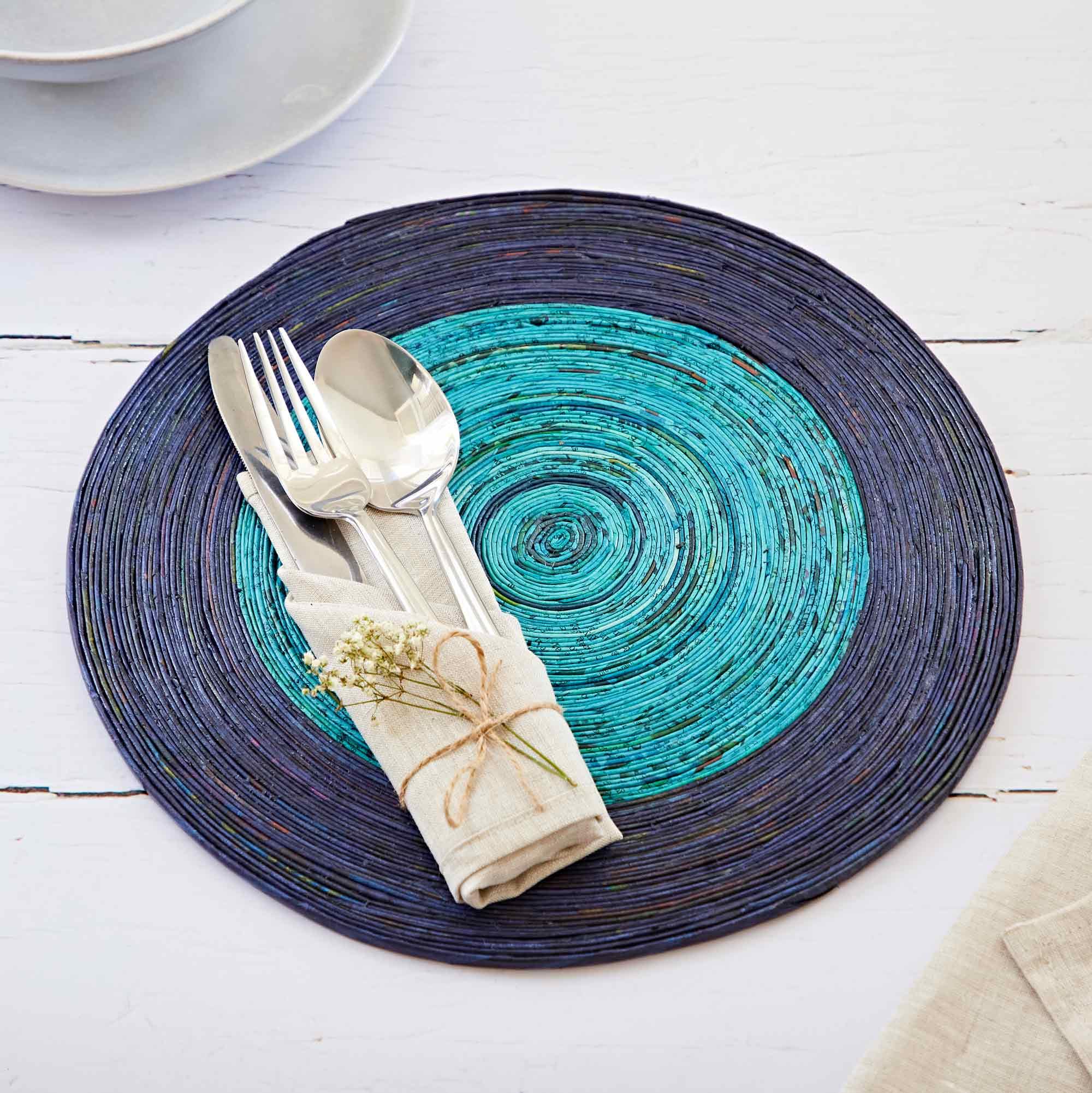 Paper High Men's Dark Blue/Light Blue Recycled Newspaper Round Placemats - | Large | Sustainable | Handmade Colourful | Fair Trade Gifts For And Wo