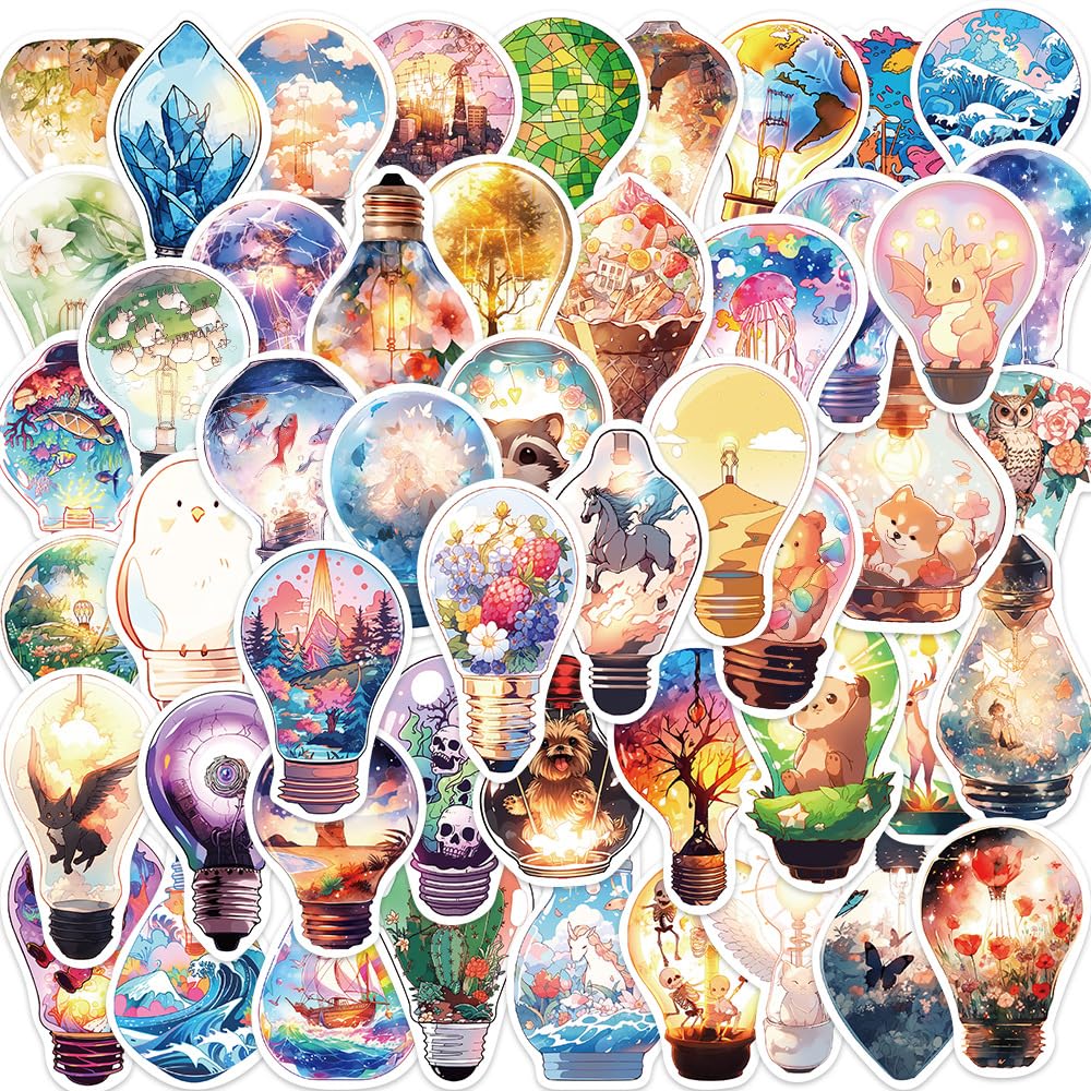 50Pcs The World of Light Bulbs Stickers Laptop Car Scrapbook Phone Skateboard Suitcase Luggage Bike Stickers Vinyl Waterproof Aesthetic Personalised Stickers for Teens Boys Girls Adults Children