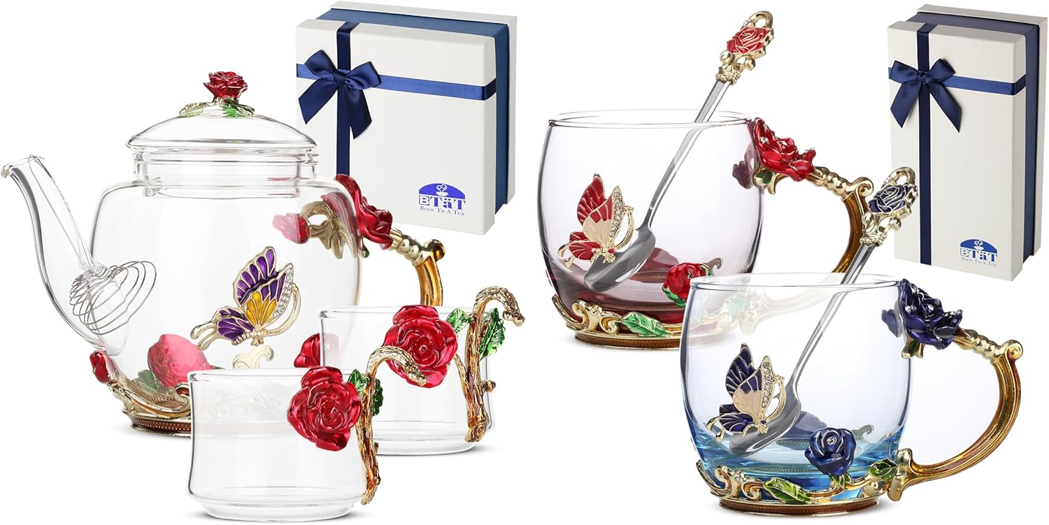 BTaT- Floral Glass Tea Set, 2 Fancy Cups and Floral Glass Tea Cups, Pack of 2