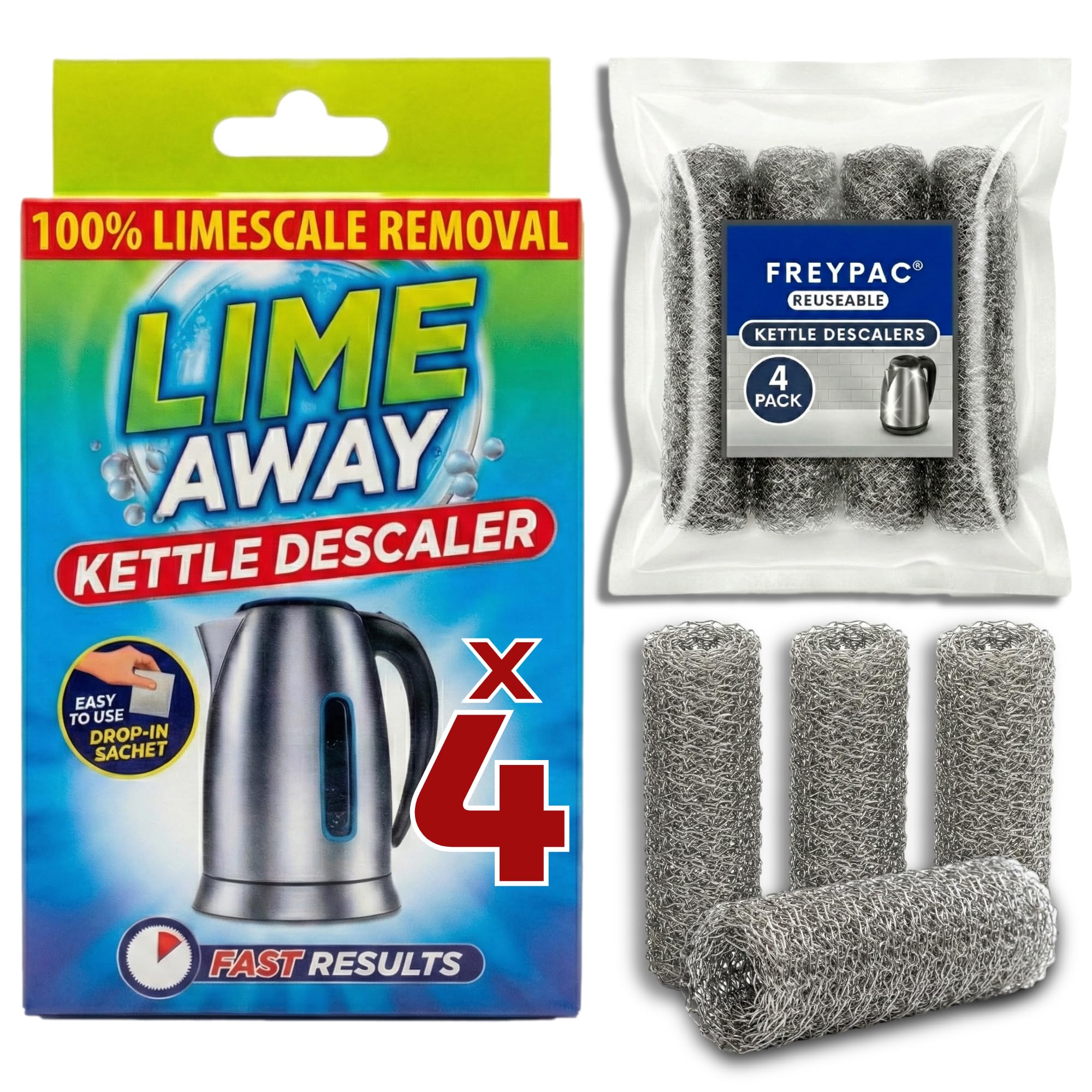 FreyPac Kettle Descaler Kit with 4 Lime Away Powder Sachets and 4 Stainless Steel Descaler Balls, Fast Acting Limescale Remover, Reusable, Food Safe Formula