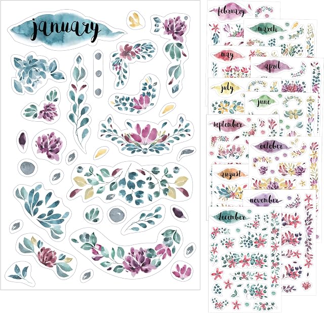 Transparent Monthly Planner Flower Stickers - 12 Clear Floral Sticker Sheets with Beautiful Vintage Watercolor Botanicals & Undated Calendar Sticker Months - Scrapbooking and Journaling Supplies
