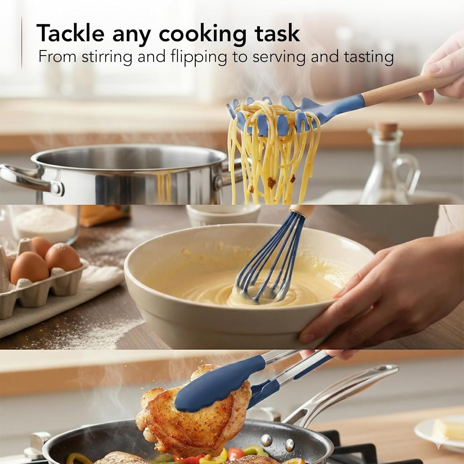 OVENTE Silicone Cooking Utensils Set, 17pcs Heat Resistant Kitchen Tools and Gadgets for Nonstick Cookware, BPA Free Spatula Set with Wooden Handle, Cup Holder, Oven Gloves and Hot Pads, Blue SPS17BL