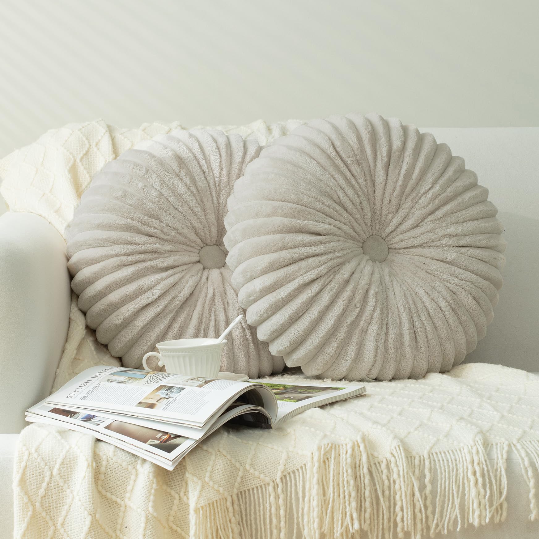 HIG Set of 2 Beige Flannel Decorative Round Pleated Throw Pillows