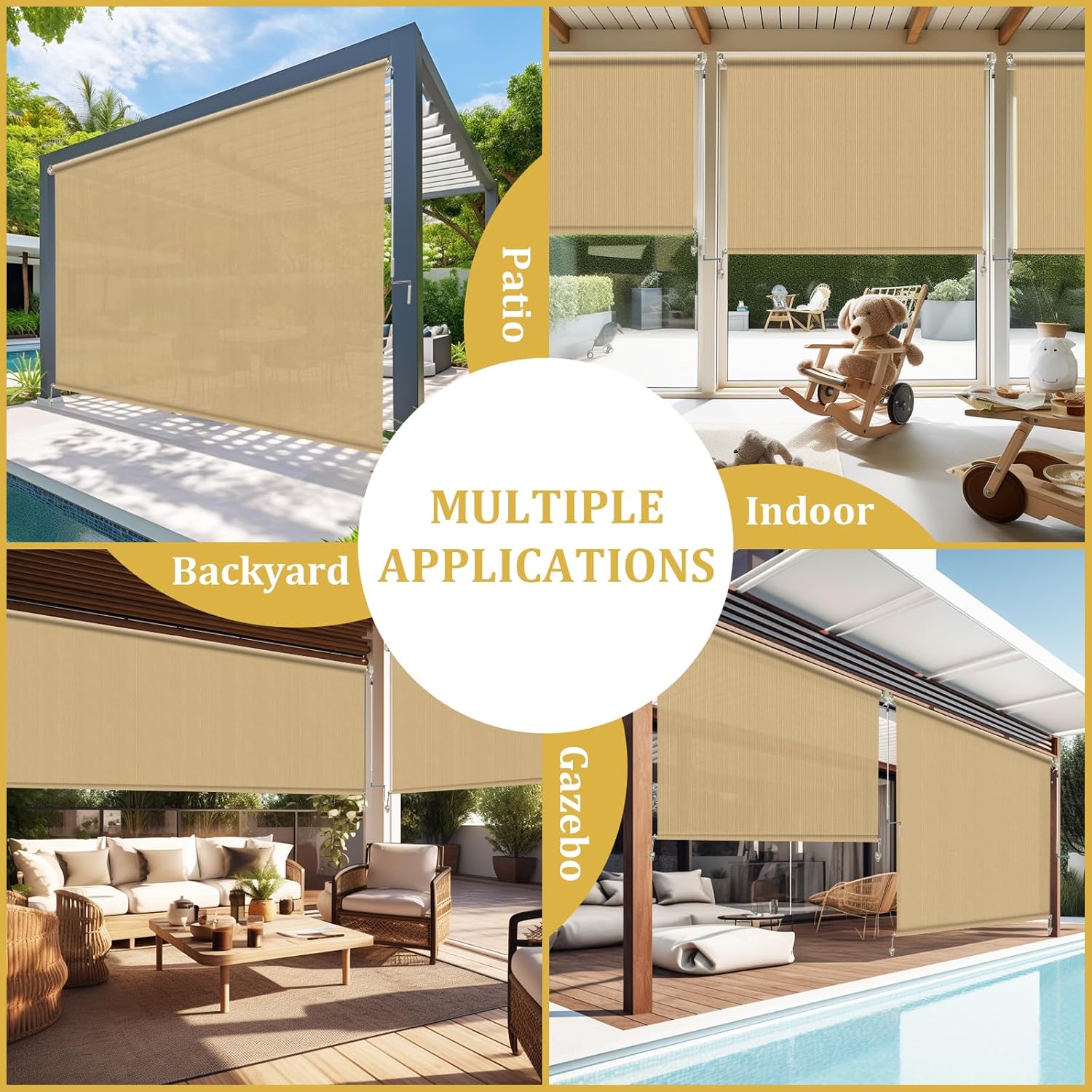 Shade&Beyond Outdoor Roller Shades 8' W x 8' H, Patio Roll Up Blinds 220 GSM Shade Cloth Roll for Porch Gazebo Pergola Balcony Backyard, Wheat