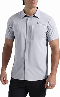Men Fishing Shirts with Zipper Pocket UPF 50+ Lightweight Casual Short Sleeve Button Down Shirts for Men Hiking