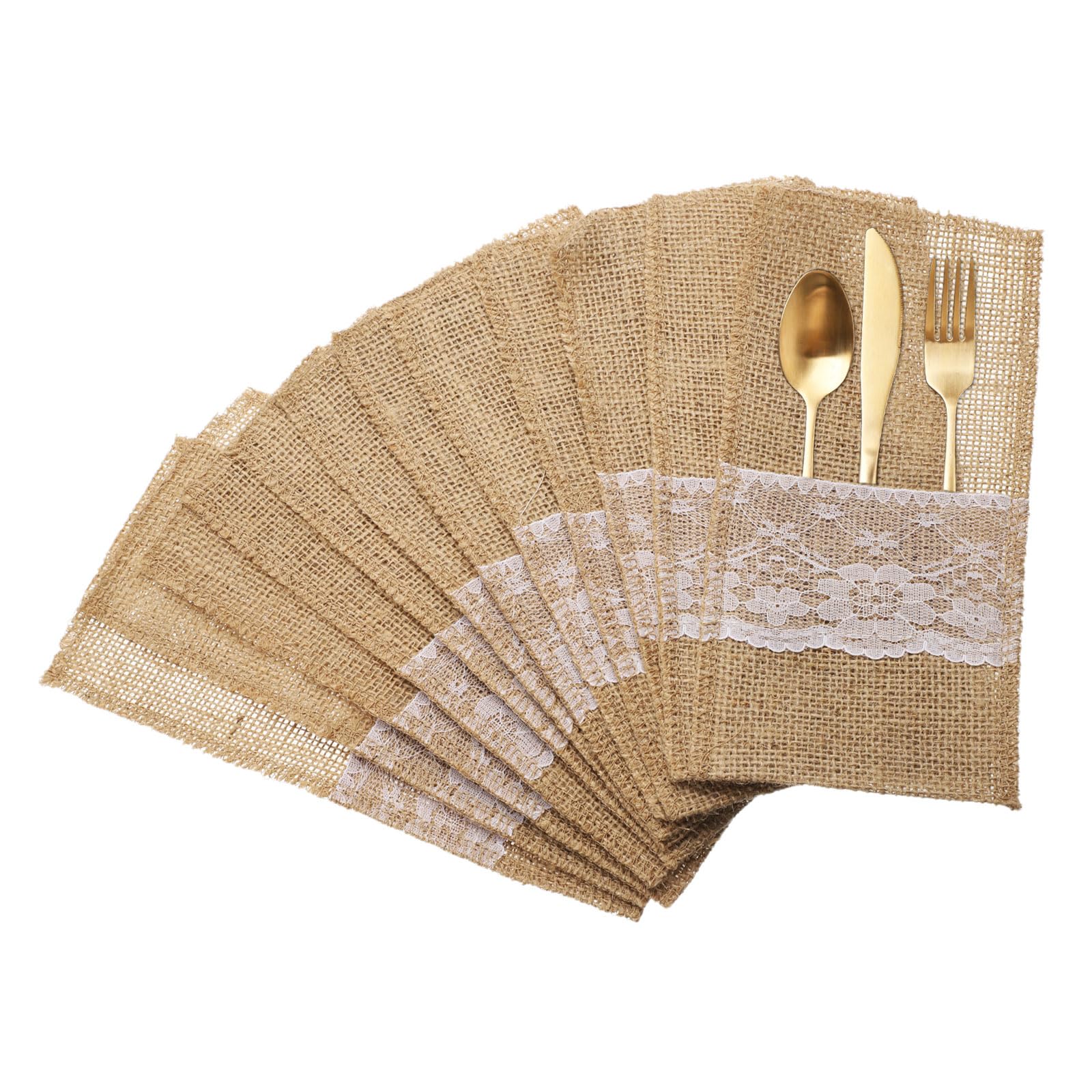 uxcell 12Pcs Burlap Lace Utensil Holders, 4" x 8" Cutlery Pouch Silverware Holder Natural Jute Pouch Bag Burlap Napkin Bag for Party Wedding