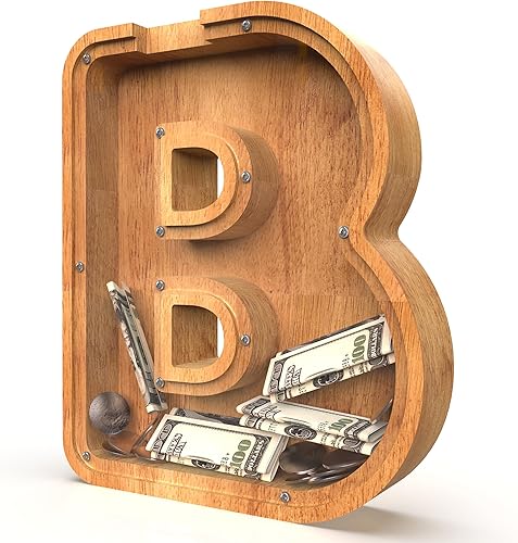Miniatura 310 de Alcancía para niños y niñas, alcancía grande de madera personalizada con diseño recortado, bancos de monedas con letras del alfabeto, caja de ahorro