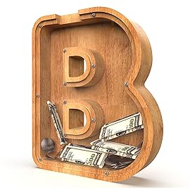 Piggy Bank for Kids Boys Girls, Large Personalized Wooden Letter Piggy Bank with Cut-Out Design, Alphabet Letter Coin Banks, Money Savings Box, Wooden Bank for Kids Creative Gift for Real-Money(B)