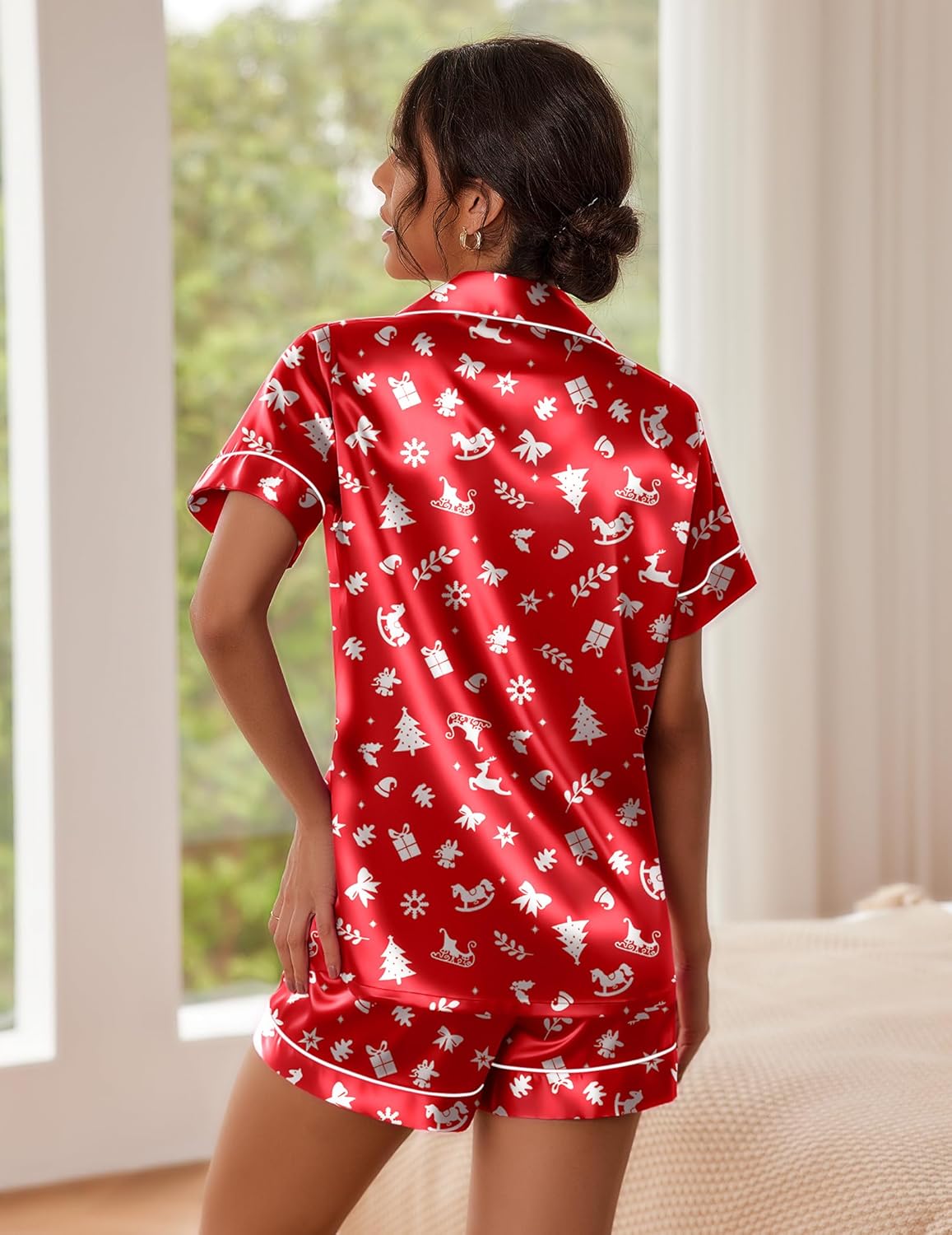 Ekouaer Pajamas for Women Set Silk Satin Pjs Button Down Sleepwear Summer Loungewear Top and Shorts Lounge Set S-XXL - Image 3