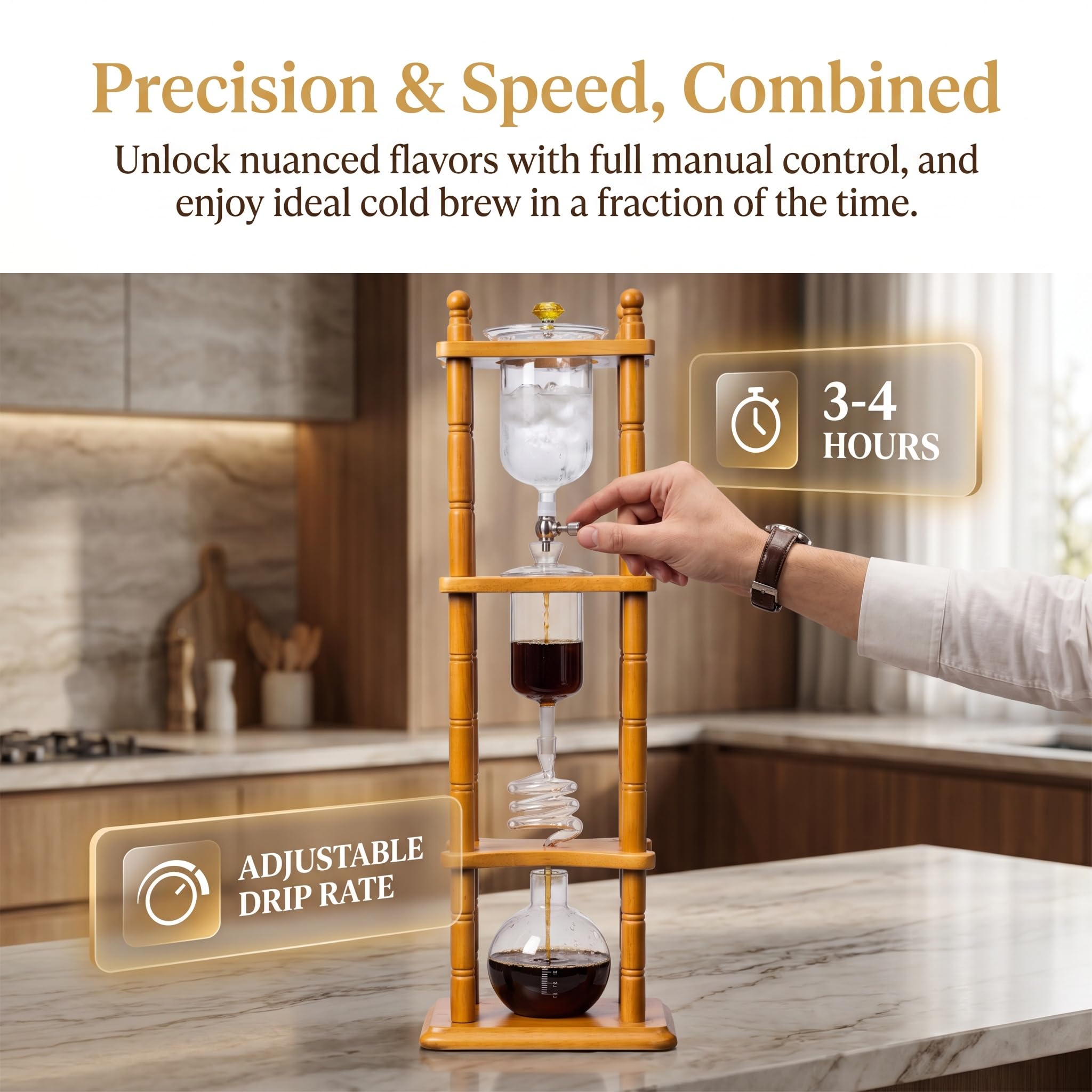 Cafetera Cold Brew Tower, Máquina De Café Helado Con Válvula Ajustable, Estructura Recta De Madera, Jarra De Vidrio De 720 Ml - Prepara De 5 A 7 Tazas, Extracción A Baja Temperatura Y Velocidad