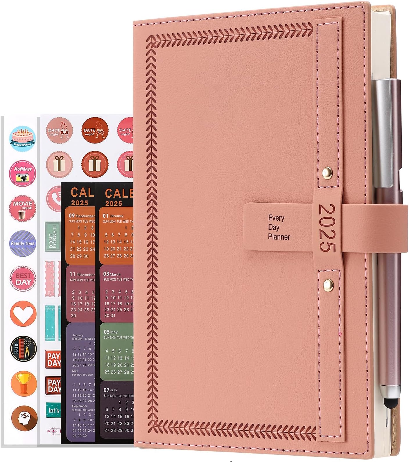 2025 Diary A5 Page a Day Full Year Planner, Diary 2025 from Jan 2025 to Dec 2025, Daily Monthly Planner with Calendar, Pen, Pen Holder, Month Tabs, inner Pocket (Pink)