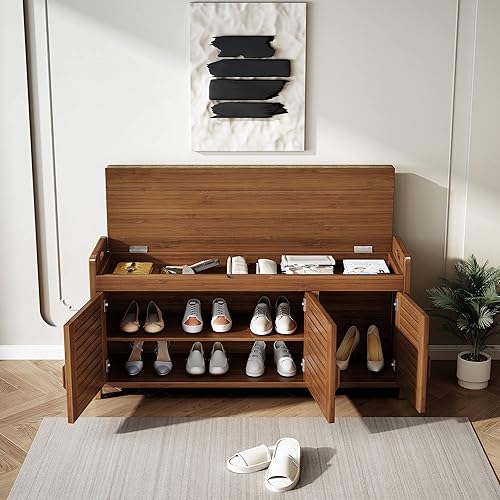 Miniatura 4 de Wilk Shoe Storage Bench, 2-Tier Shoe Cabinet with Padded Seat Cushion and Storage Box, Bamboo Entryway Bench with 3 Darn Doors (38.2’’(L) x