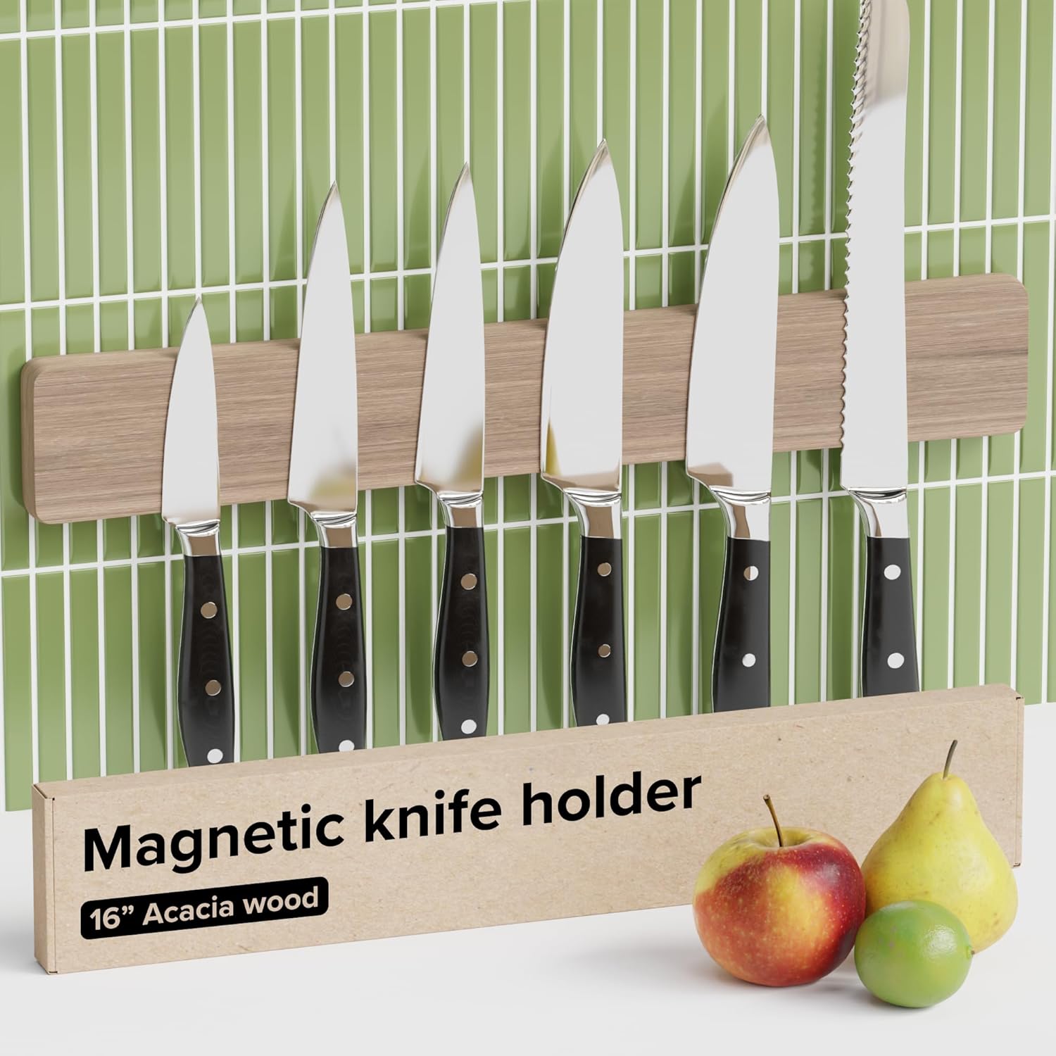 Wooden Knife Magnetic Strip 16″ Acacia Wood Whitewashed Oak – Magnetic Knife Holder for Wall no Screws – Kitchen Utensil Holder, Knife Bar, Knife Rack, Kitchen Organizer and Tool Holder