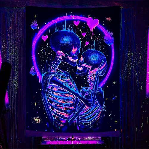 Miniatura 8 de Lifeella The Kissing Lover - Tapiz de esqueleto con luz negra, tapiz gótico de calavera púrpura para colgar en la pared para dormitorio y hogar, 44