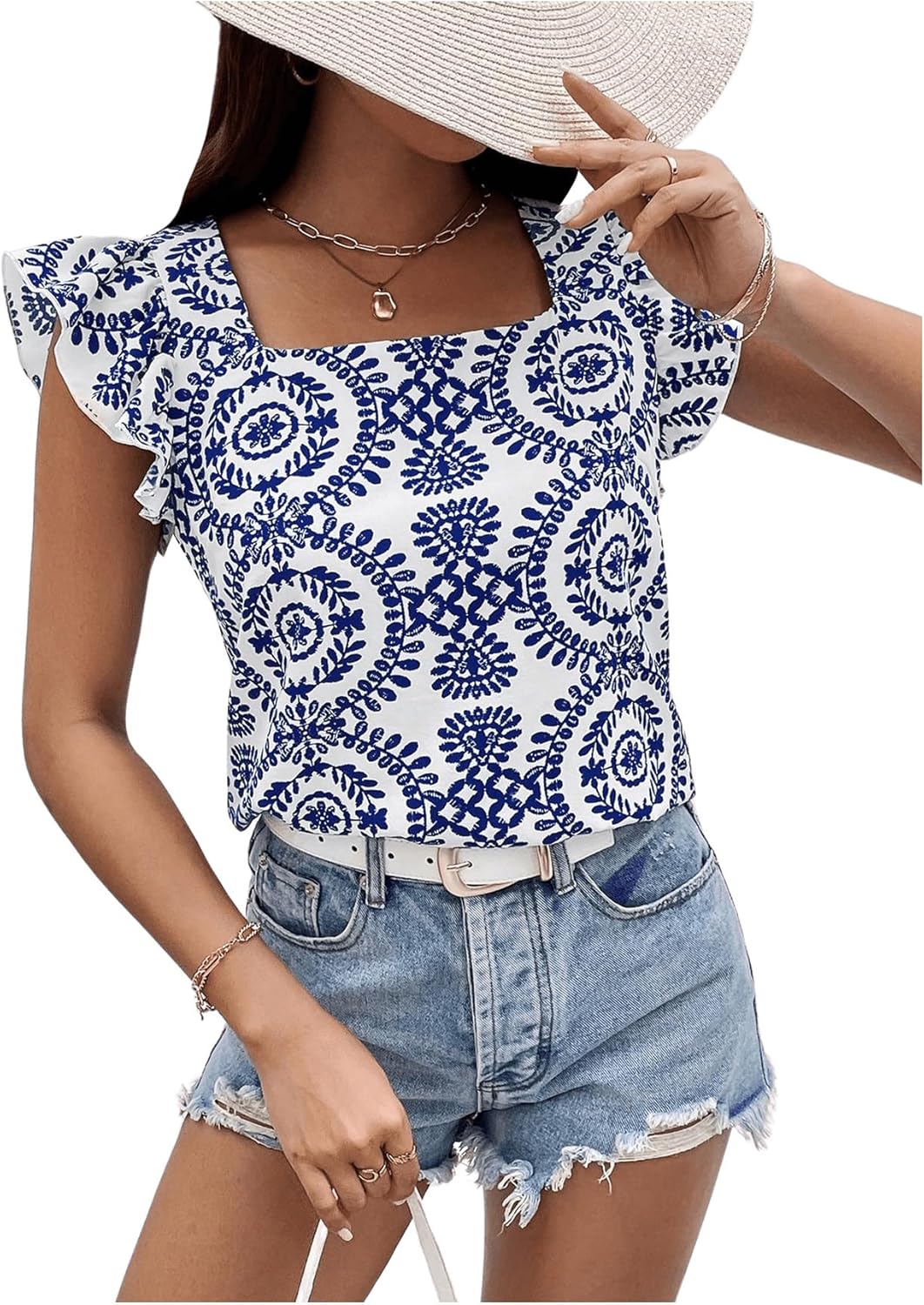 WDIRARA Women's Floral Print Casual Blouses Summer Ruffle Cap Sleeve Square Neck Top Shirt X-Large Blue and White