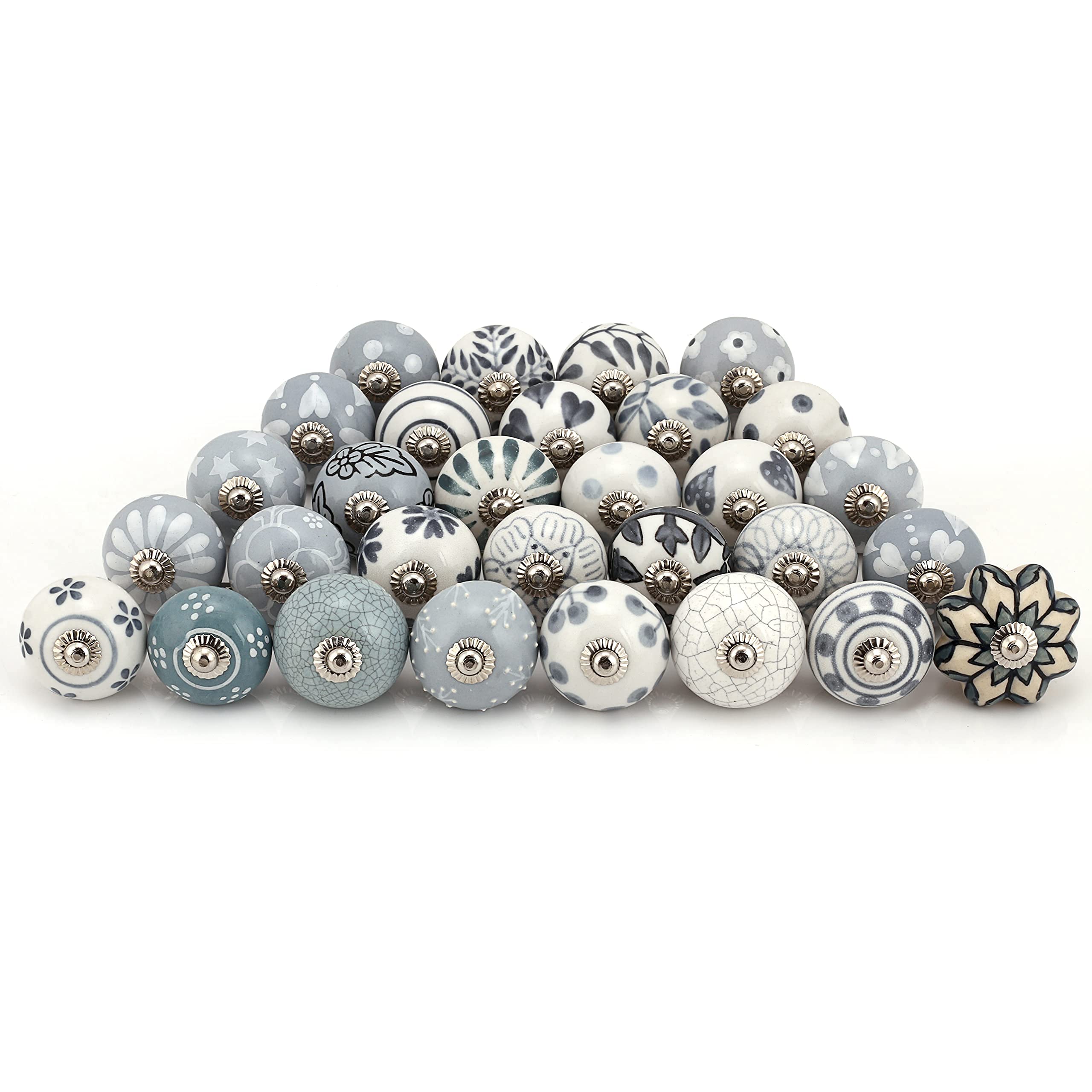 Indian Haat Bazaar Decorative Drawer Knobs-Pack of 12 Pcs-Brass Steel Cabinet Door Handle Blue Pottery Flower Handmade Home Decor Hardware-Grey and White,DKB00004-P12 — image 1