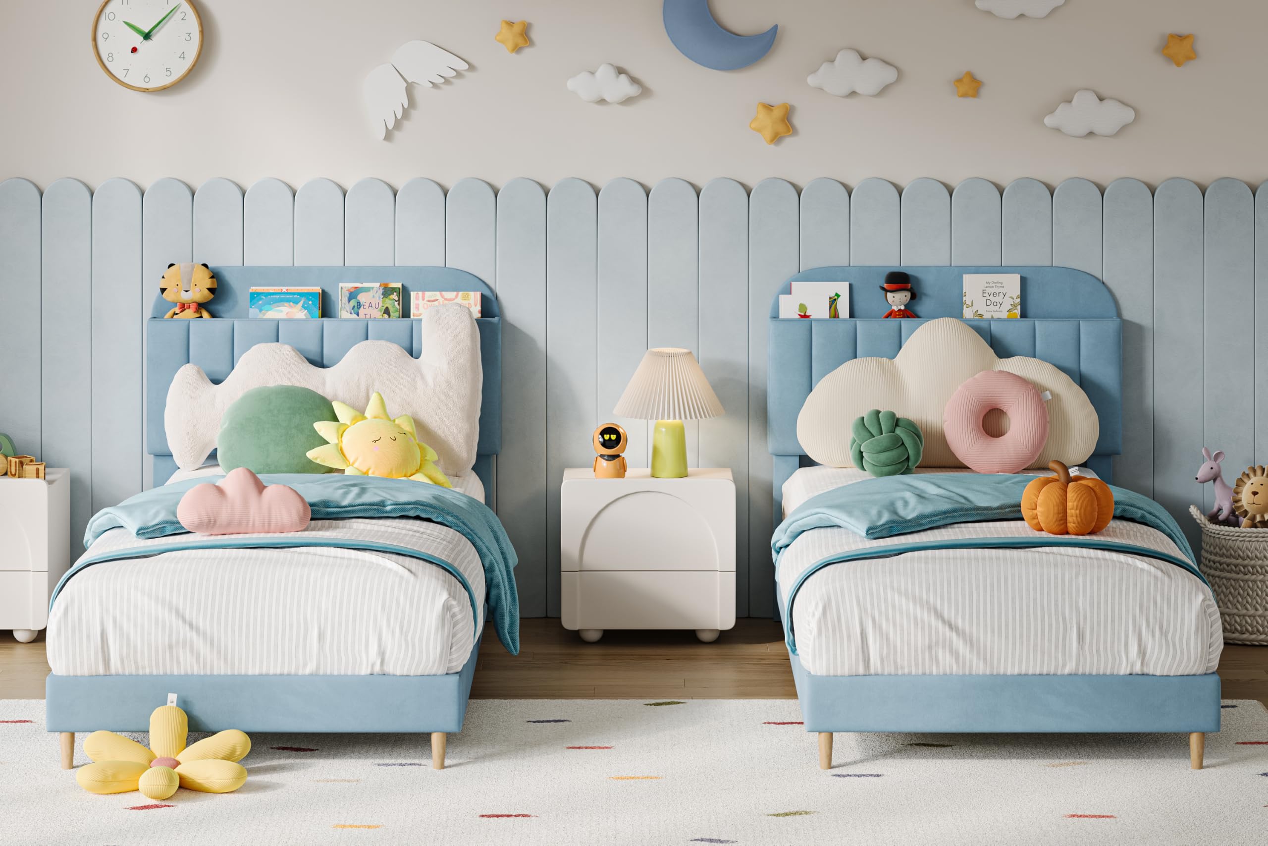 Lit enfant 1 personne 90x190cm,Sommier en bois avec rangement,Lit Simple enfant avec plusieurs pieds,Tête rembourrée,Lit banquette 1 place montessori pour chambre enfant,Garçon/Fille(Bleu)