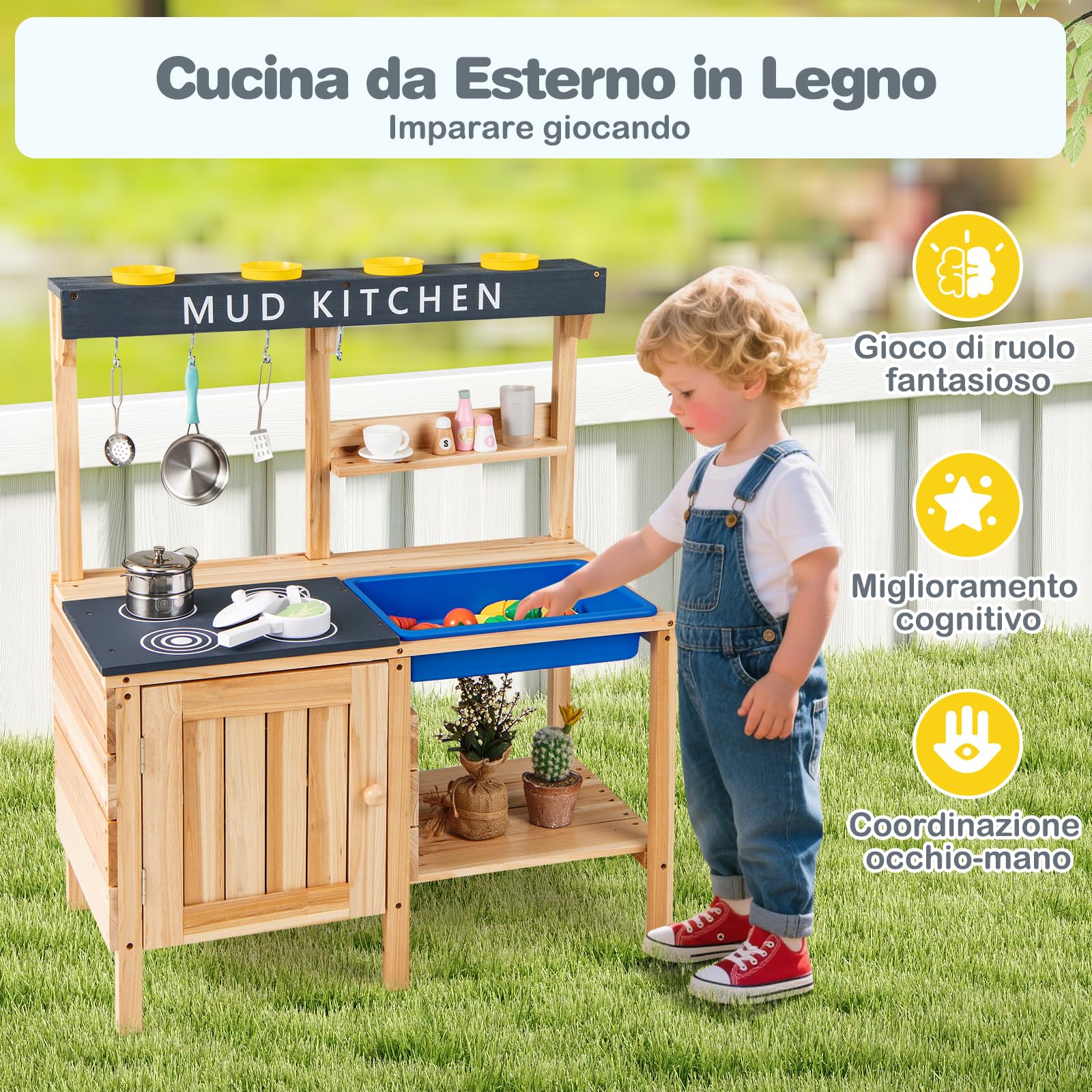 COSTWAY Cucina Giocattolo per Bambini, Cucina in Legno da Esterno con Lavello Removibile, Fornello, Pentole e Ripiani, Cucinetta Giocattolo Interattiva con Accessori per Bambini 3-8 Anni, Naturale