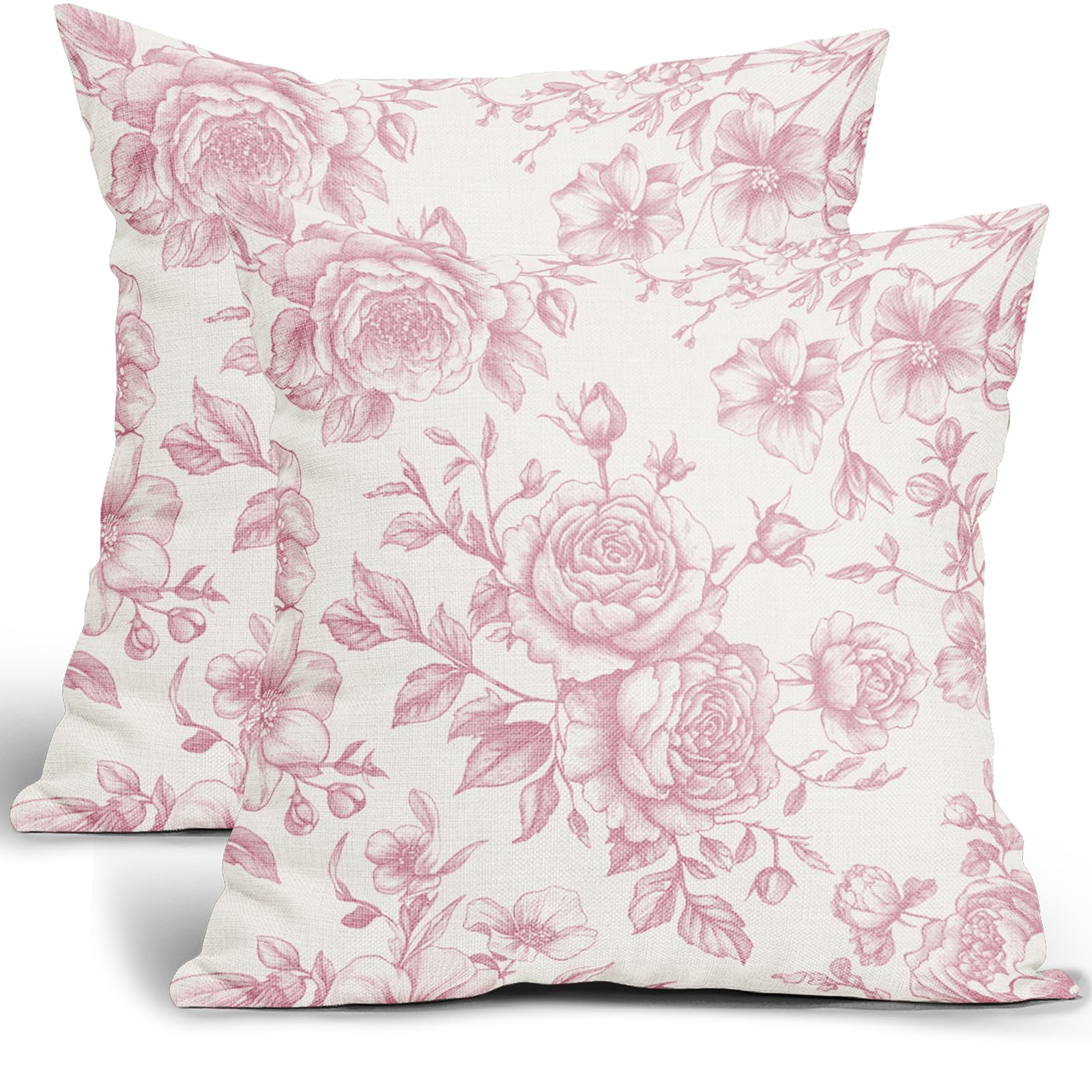 Pink Floral Throw Pillow Covers Chinoiserie Pink and White Cushion Case 22 x 22 Inch Flowers Pillow Cover Decorative Vintage Summer Cotton Linen