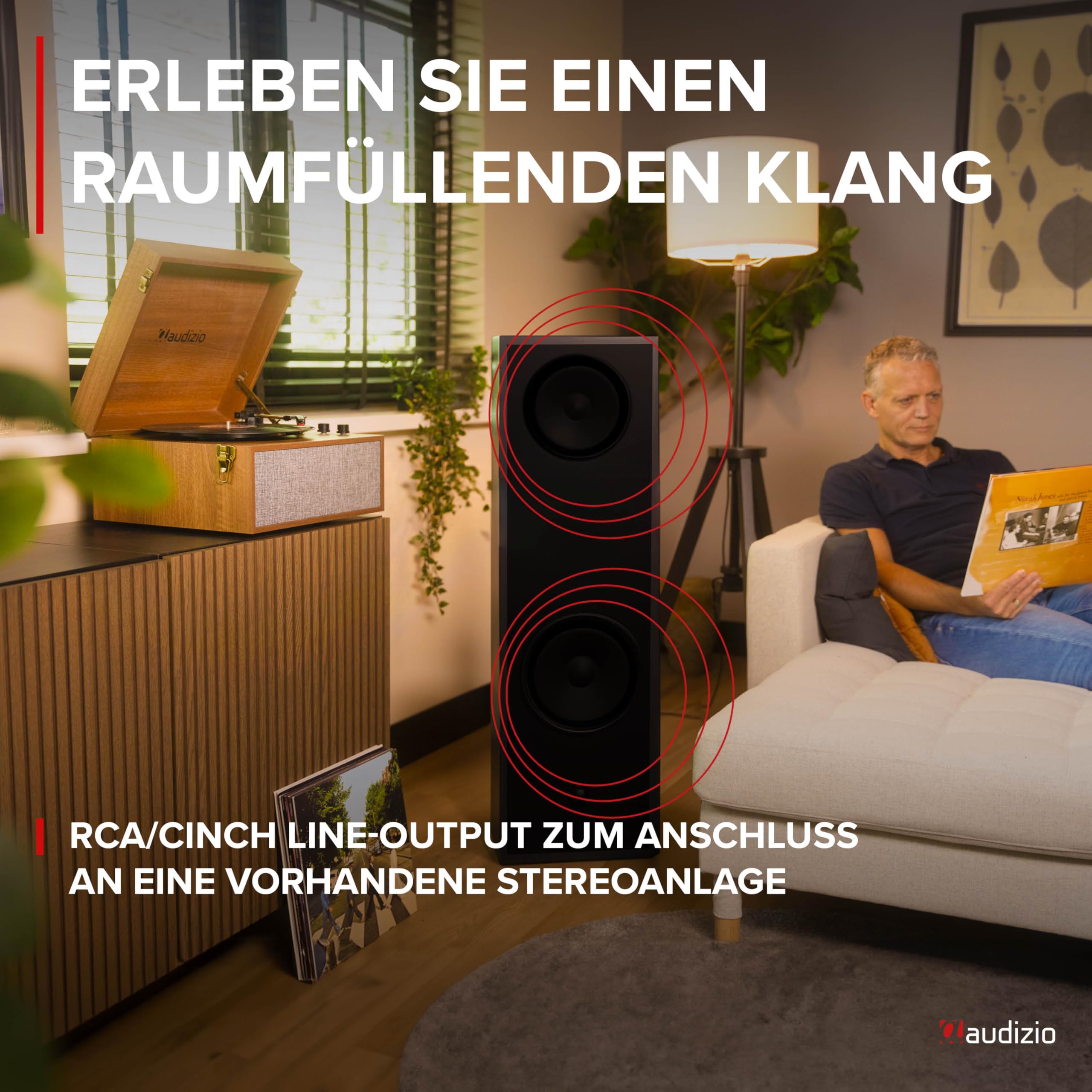 Audizio Fremont Schallplattenspieler Retro Plattenspieler Bluetooth Transmitter & Receiver, Tisch Plattenspieler mit Lautsprecher, Retro Vinyl Player für Schallplatten, Holz