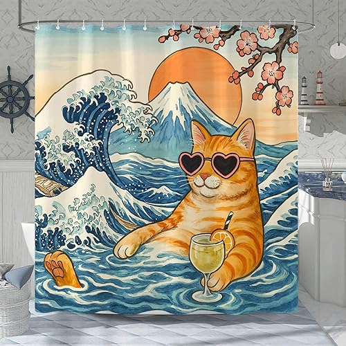 Miniatura 6 de Juego de cortinas de ducha relajadas con diseño de ondas de arte japonés impermeable, cortina de ducha para baño, divertida escena de vacaciones,