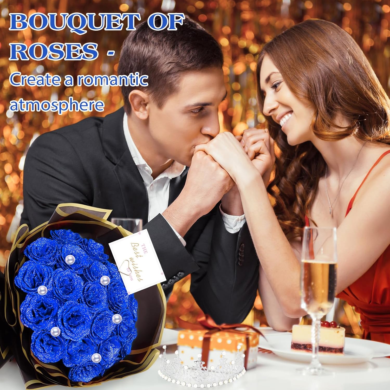TLY Glitter Roses Bouquet Blue Flower Bouquet Roses Artificial Flowers with Flower Wrapping Paper Crowns Cards for Valentine's Day Birthday Anniversary Engagement Wedding - Image 6