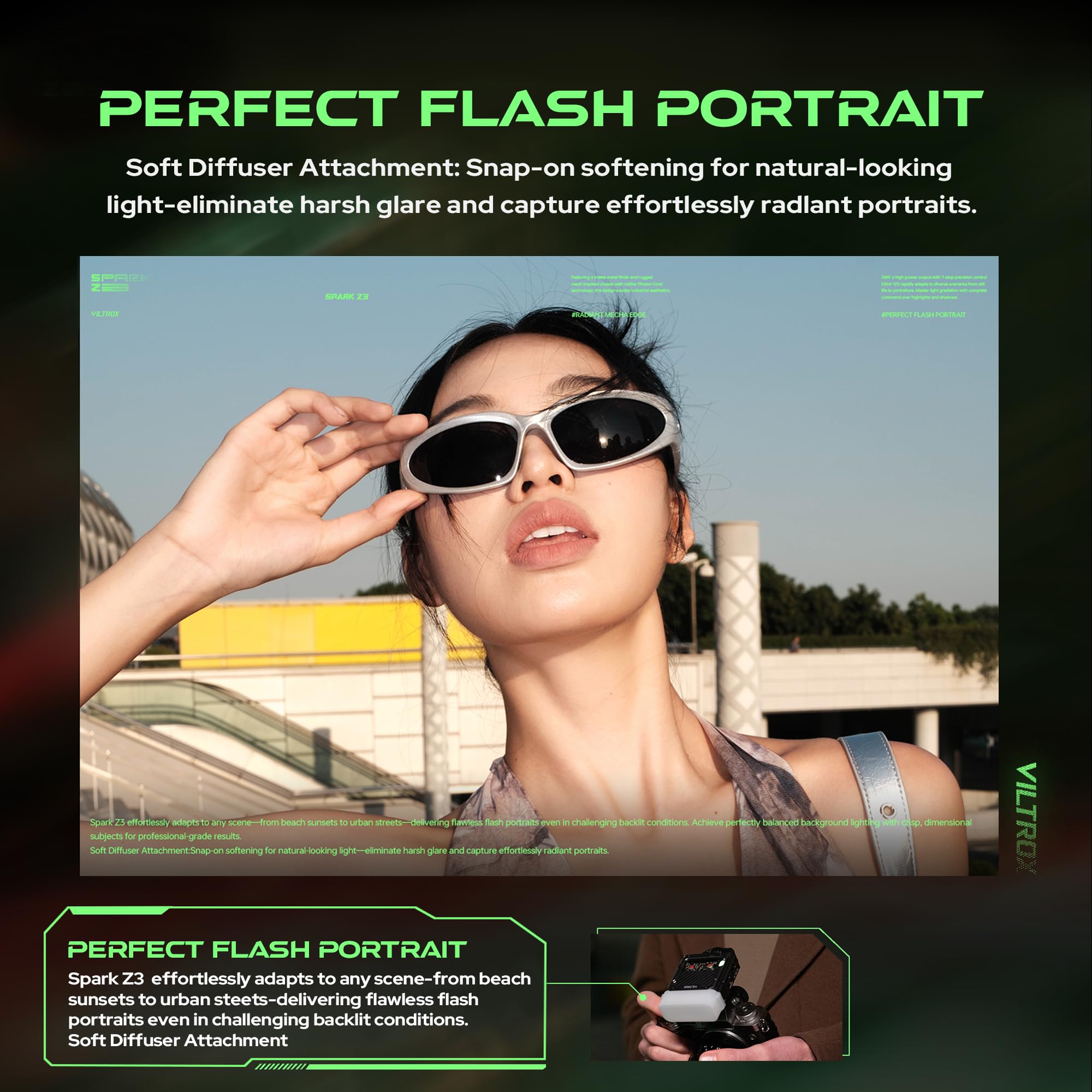 VILTROX Spark Z3 TTL - Mini flash per fotocamera, 26 W, 7 livelli 1s, ricicla GN16, design Cyber Mech, colore grigio, per Nikon)