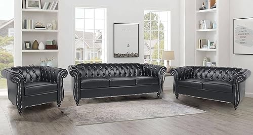 Miniatura 2 de Juego de 2 muebles de sala de estar, juegos de sofás Chesterfield de piel sintética y sillas de club Chesterfield con brazos de desplazamiento y