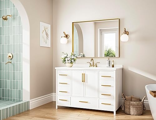 Miniatura 436 de Keonjinn Espejo de baño dorado de 48 x 36 pulgadas, espejo rectangular con marco de metal dorado cepillado, espejo de pared grande rectangular