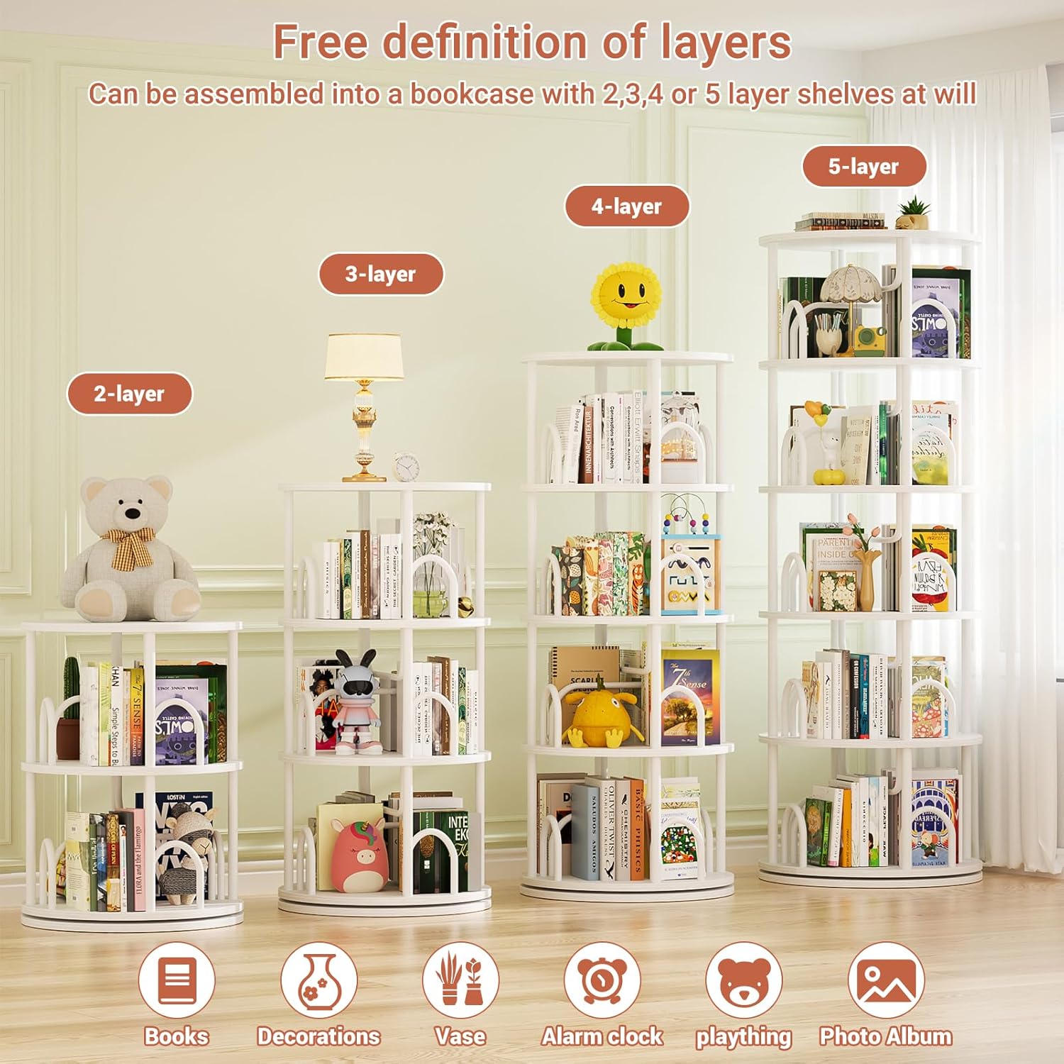 Aheaplus 5 Tier Rotating Bookshelf Tower, 360 Display Spinning Bookcase, Revolving Round Book Shelf Narrow Swivel Bookshelf, Vertical Turning Spiral Corner Book Organizer for Small Space, White - Image 5