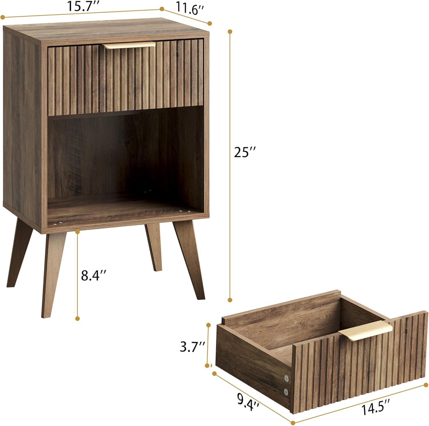 Fluted Night Stand with Opening Storage,Mid Century Bedside Table with Drawer,Wood Nightstand with Legs,End Table Side Table for Living Room,Bedroom,Caramel Oak 11.8"Dx15.7Wx 25.2"H CTG56BR - Image 2