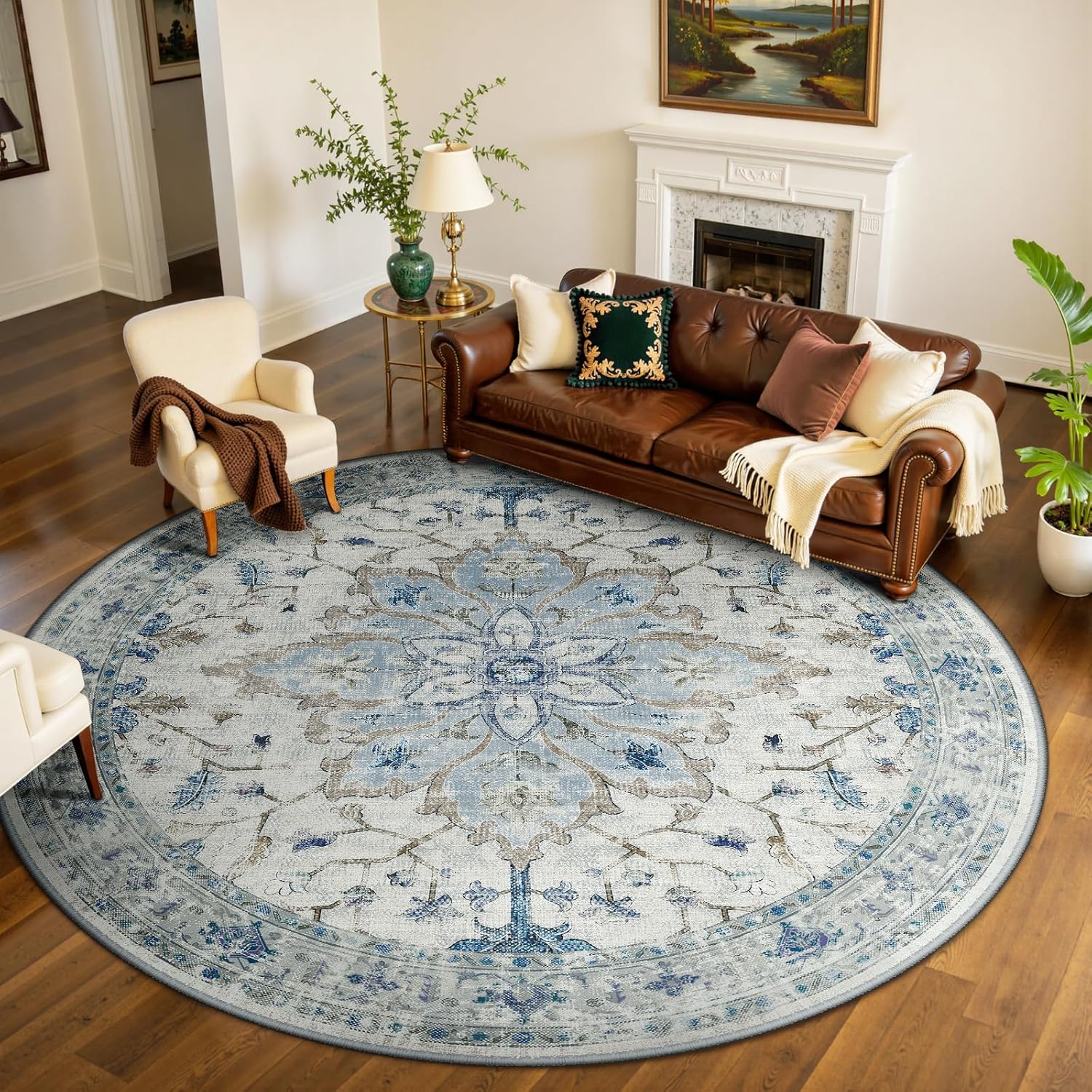 Area Rugs 8ft Washable Non-Slip, Floral Vintage Distress Print Pattern Medallion Carpet for Living Room Bedroom Dining Room, Light Blue Navy Beige Gray White Blue/White/Gray/Purple 8' (Round)