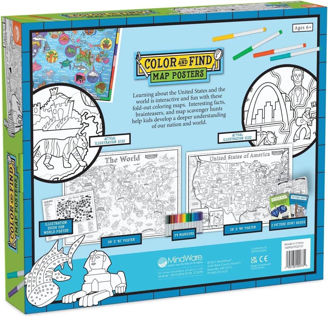 MindWare Color and Find Map Posters: The World and The United States of America – Large Coloring Posters for Kids Ages 6 & Up – Teach Geography, Landmarks and Cultures Around The World