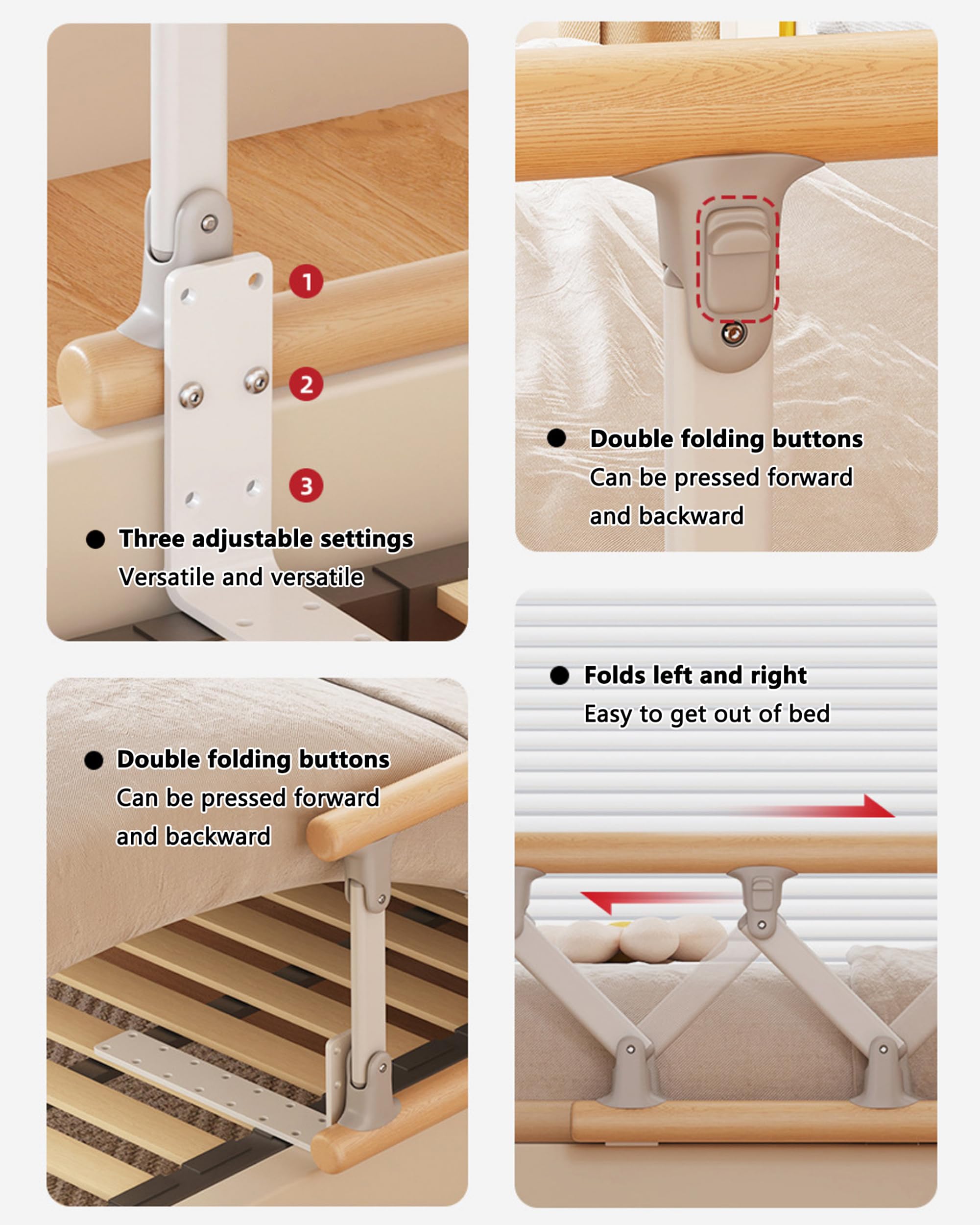 Sponda Letto in Legno massello Senza Installazione, bracciolo Pieghevole da Comodino per Anziani, Anti-Caduta, Aiuto per alzarsi, sponda Letto assistita Pieghevole con Un clic Three Gears