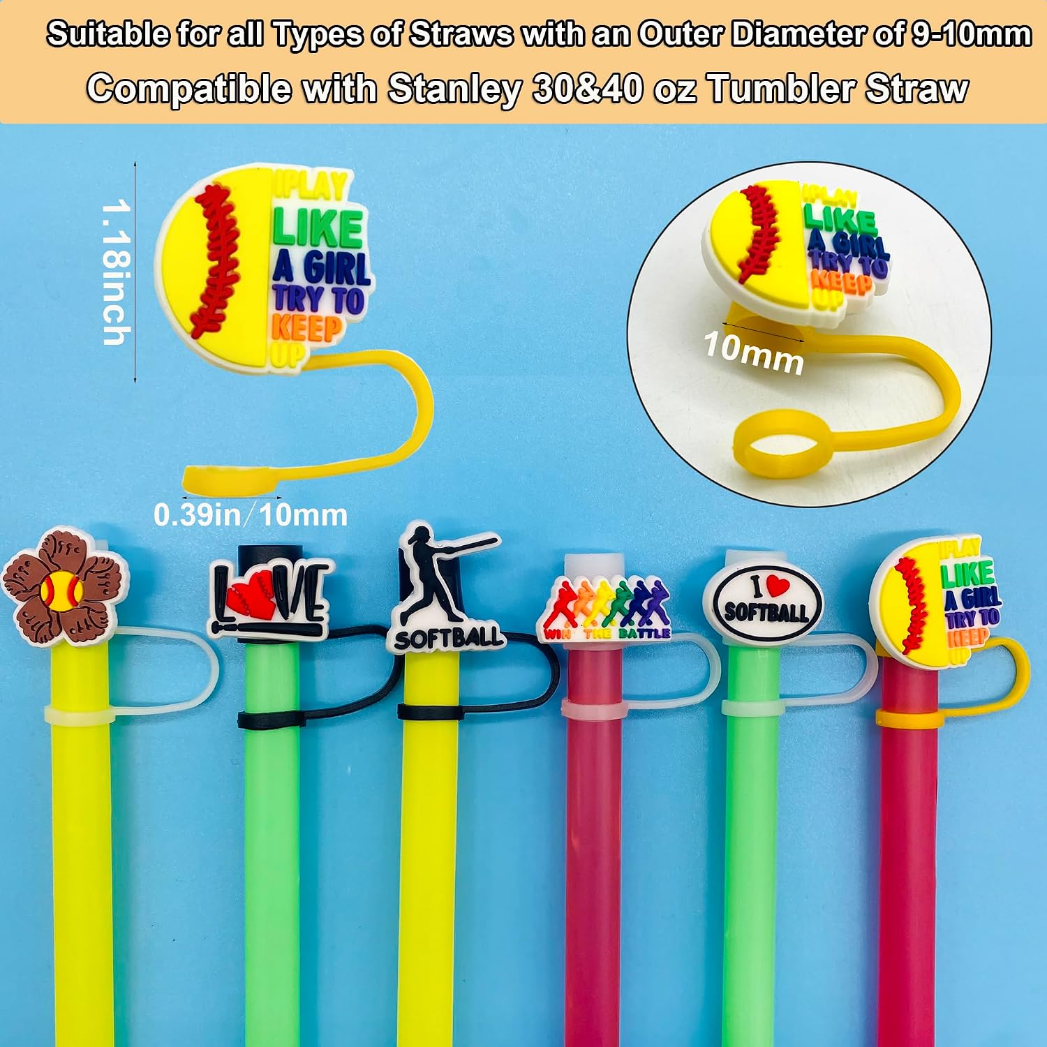 10pcs Straw Cover Cap for Stanley Cup 30&40 Oz Tumbler 10mm Reusable Silicone Straw Toppers Straw Tip Covers for Stanley Cups Accessories Cool Softball Themed Tumbler Straw Cover image 5
