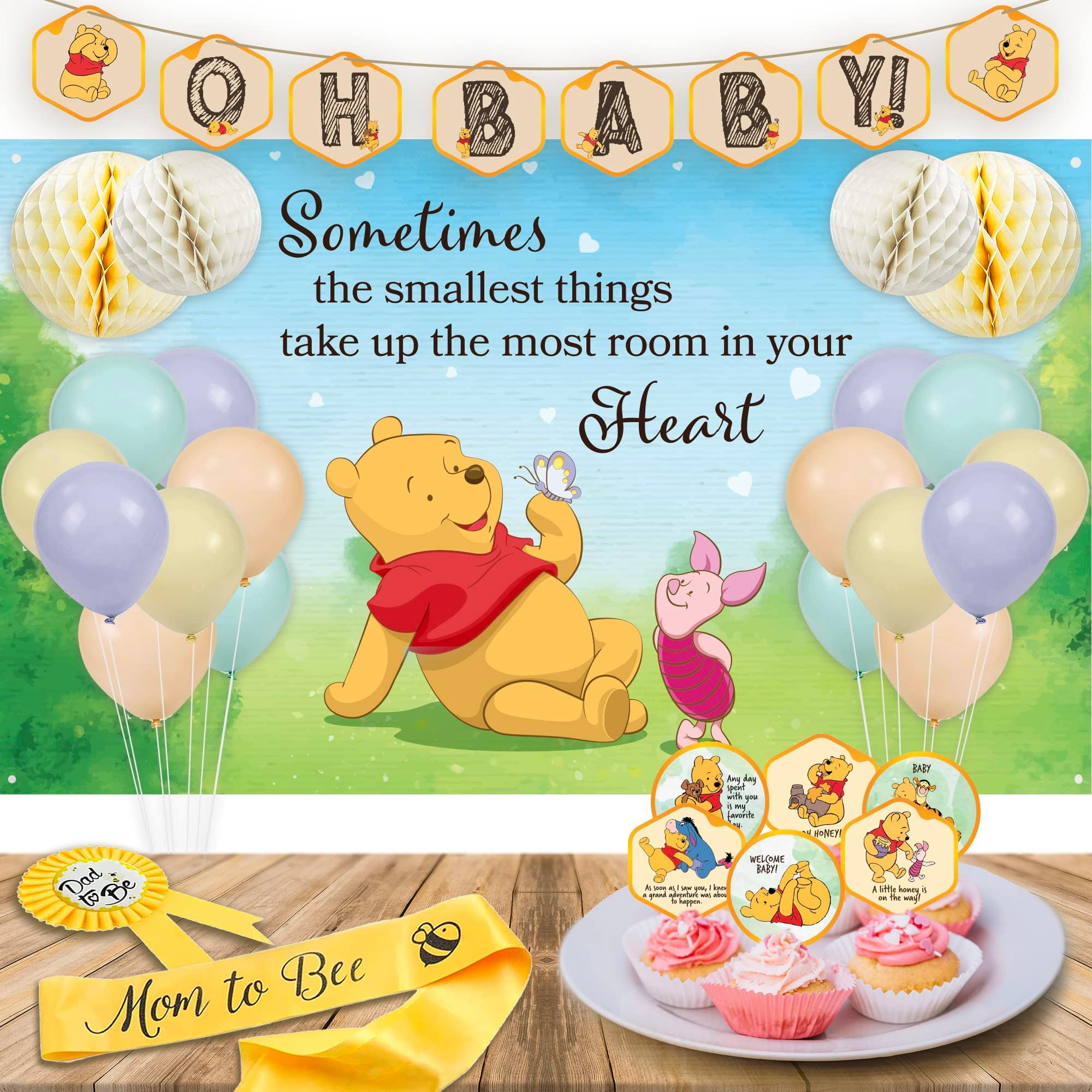 Sweet Baby Co. Classic Winnie Baby Shower Decorations for Girl or Boy with Honey Comb Party Decoration Vintage Welcome Sign Cupcake Toppers Pooh Bear Backdrop Balloons Bumble Bee Sash Badge