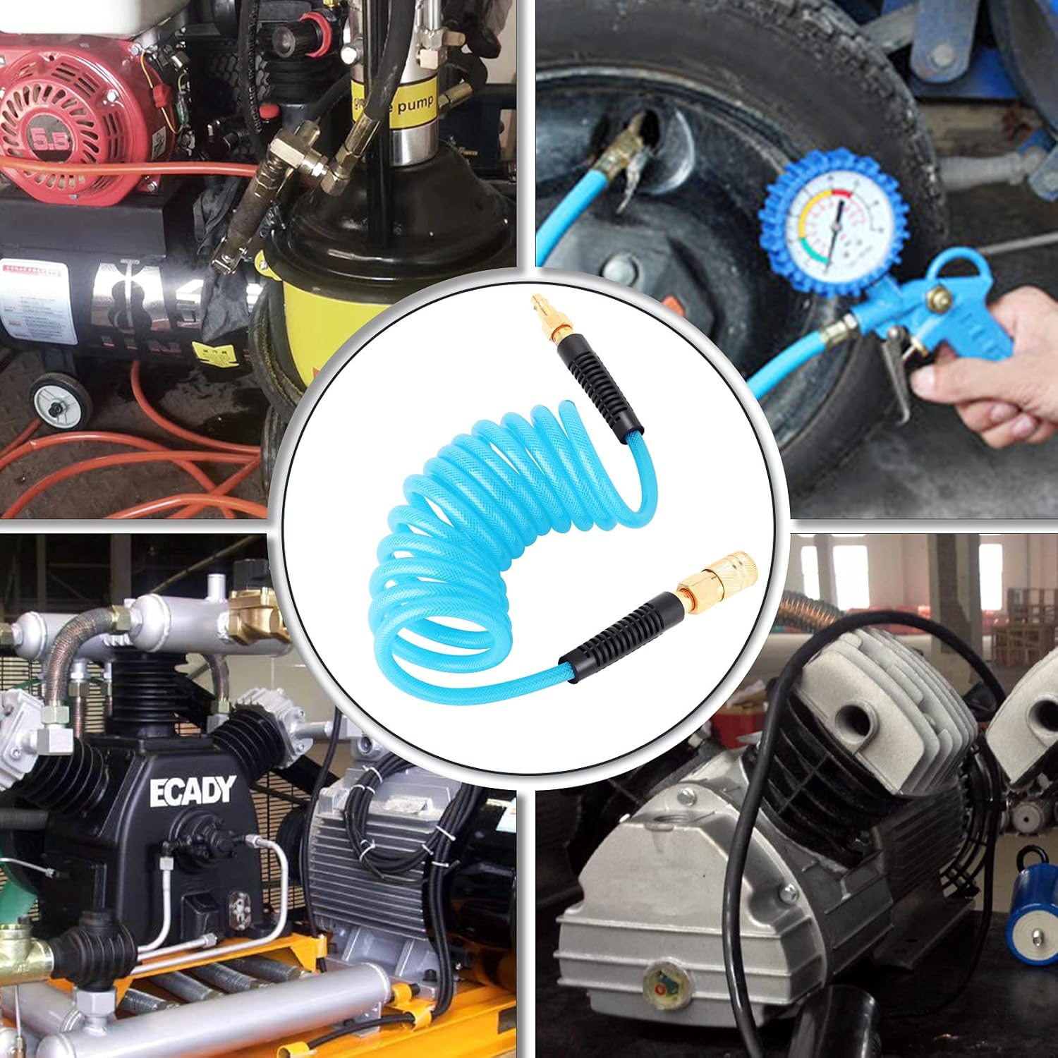 GASHER 1/4" x 10FT Reinforced Polyurethane Recoil Air Hose with Bend Restrictor, 1/4" Industrial Quick Coupler and Plug - - 