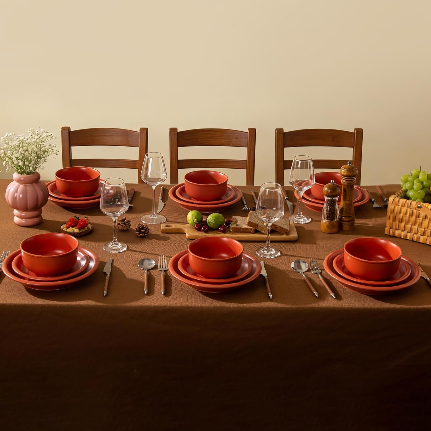 Timeworn Clay Dinnerware Set, 6 Pieces Stoneware Sets for 2, Hand-Finished Glaze Farmhouse Plates and Bowls, Microwave and Dishwasher Safe, Terracotta Red