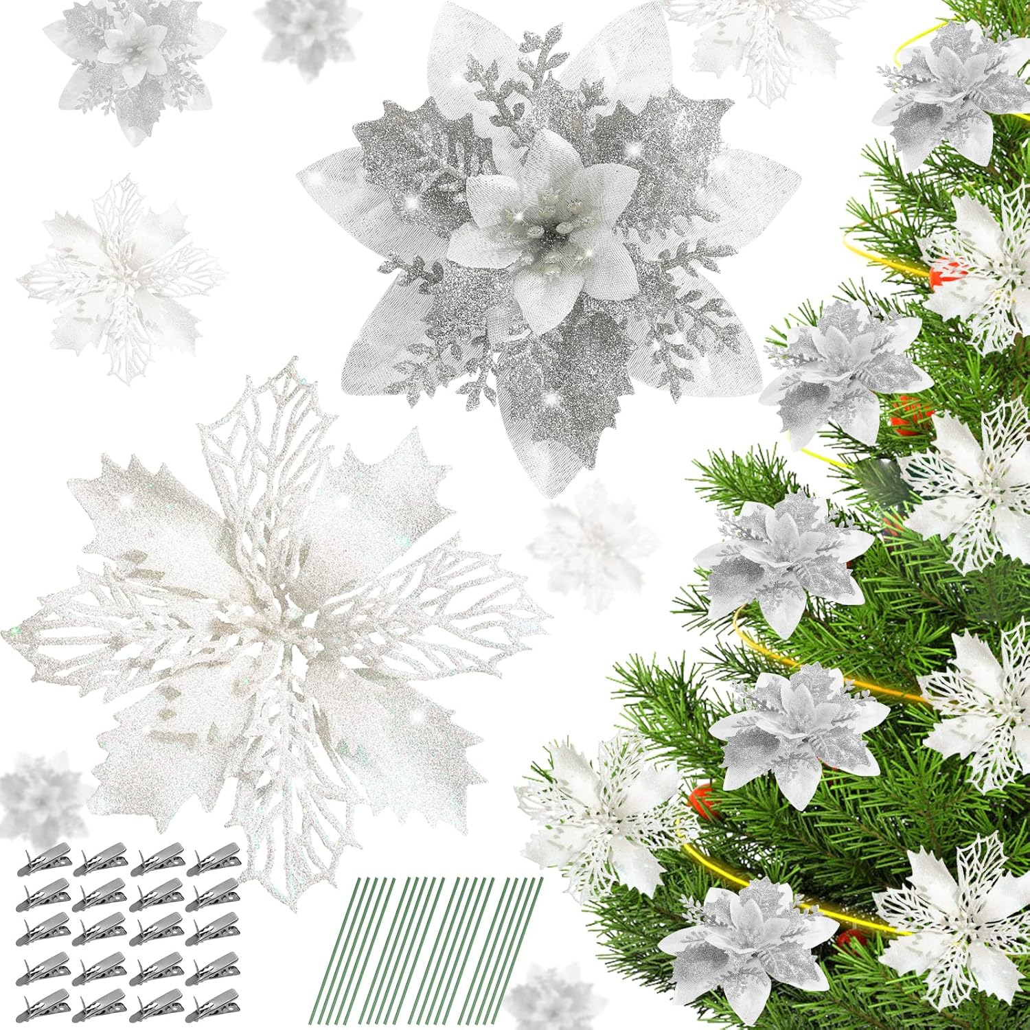 Serwalin 20Pcs Christmas Tree Flowers White Poinsettia for