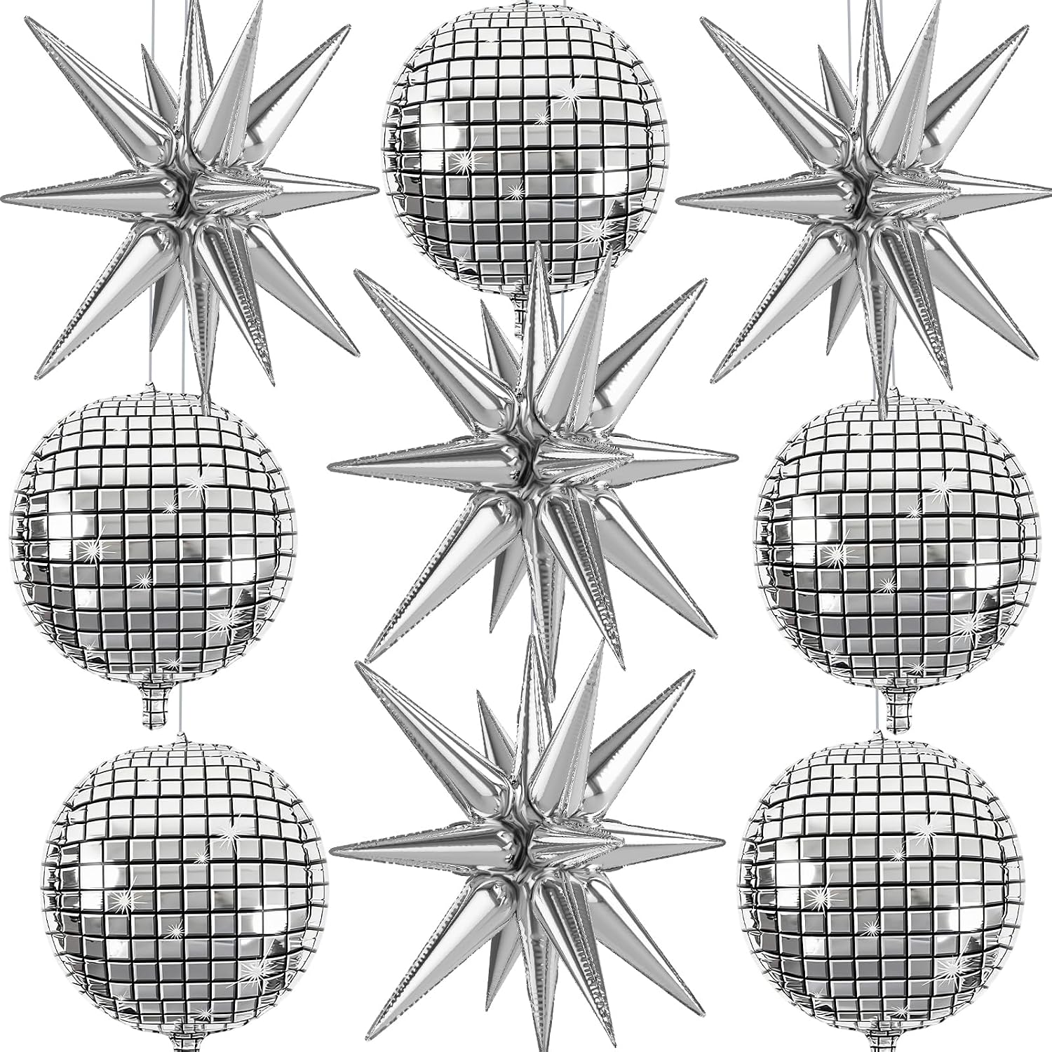 9 Pcs Silver Foil Balloons 22 Inch Metallic Silver Disco Ball Balloons Chrome Explosion Stars Balloon for Birthday Bachelorette 70s 80s 90s Themed Graduation Retro New Year Prom Party Decor
