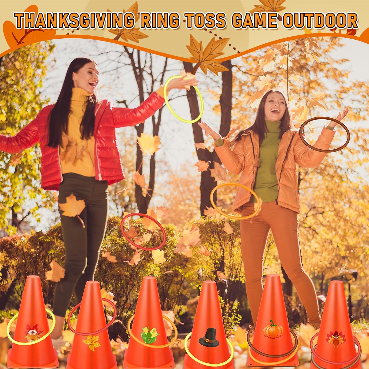 Jenaai 26 Pieces Thanksgiving Ring Toss Game Outdoor Carnival Party Games Include 6 Pcs Thanksgiving Plastic Cones 20 Pcs Toss Rings for Fall Garden Throwing Toy Supply