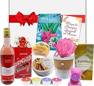 Rose Wine Gift Hampers & Pamper Gifts for Women - Bath Sets, Spa Gift Set, Pamper Kit - Birthday Hampers for Women, Relaxation Gifts for Her, Mothers Day Gifts for Mum, Wine Gifts for Women
