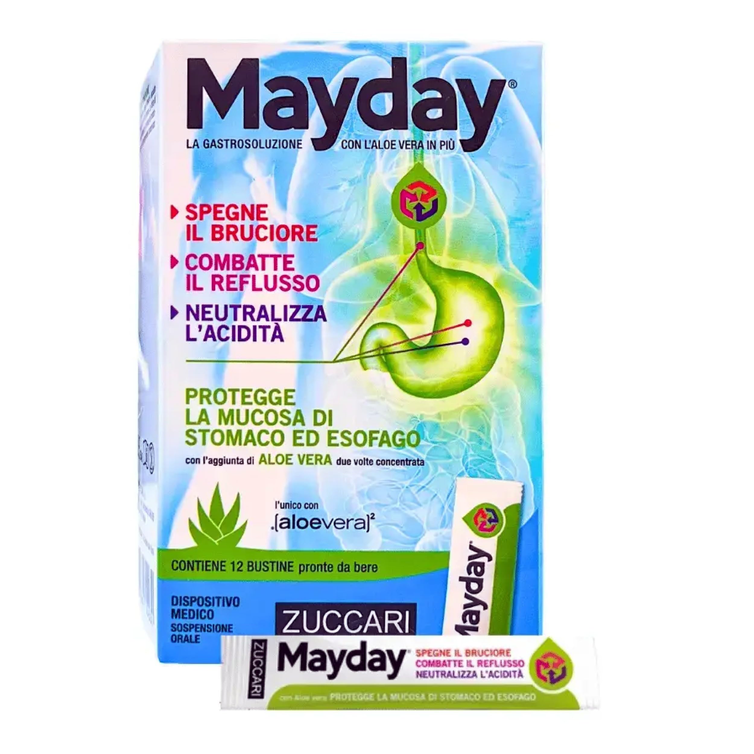 Zuccari Mayday Gastrosolution Lot de 12 bâtonnets de 10 ml avec double concentration d'aloe vera, alginate de sodium et bicarbonate de sodium, soulagement du reflux gastro-œsophagien et de