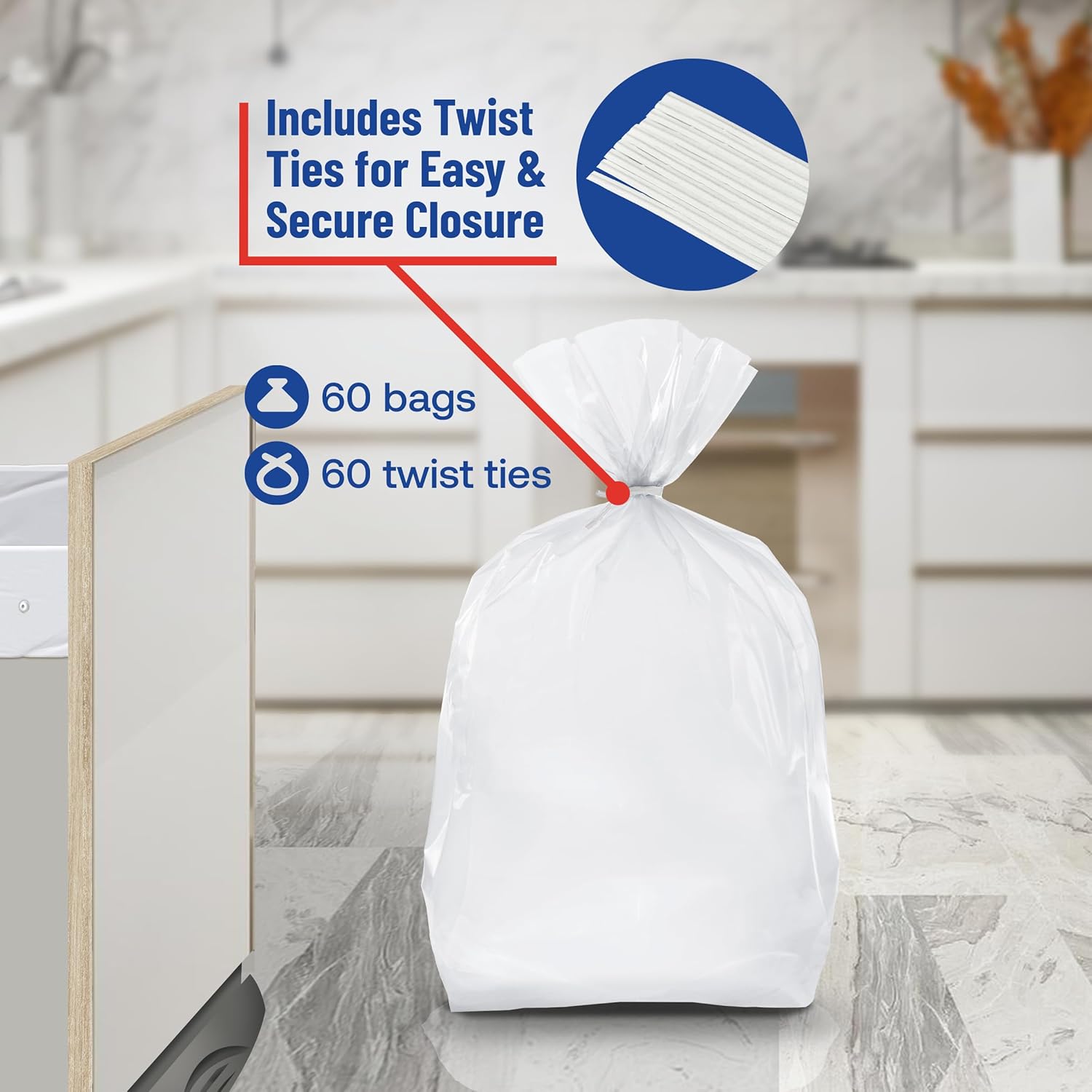 Plastico Compactor Bags for 15” Rectangular Trash Compactors, 60 Bags + 60 Twist Ties, Heavy Duty 3 Mil Thick Plastic, 18 Gallon, Pre-Punched Holes for Easy Attachment, Strong & Flexible Crushing