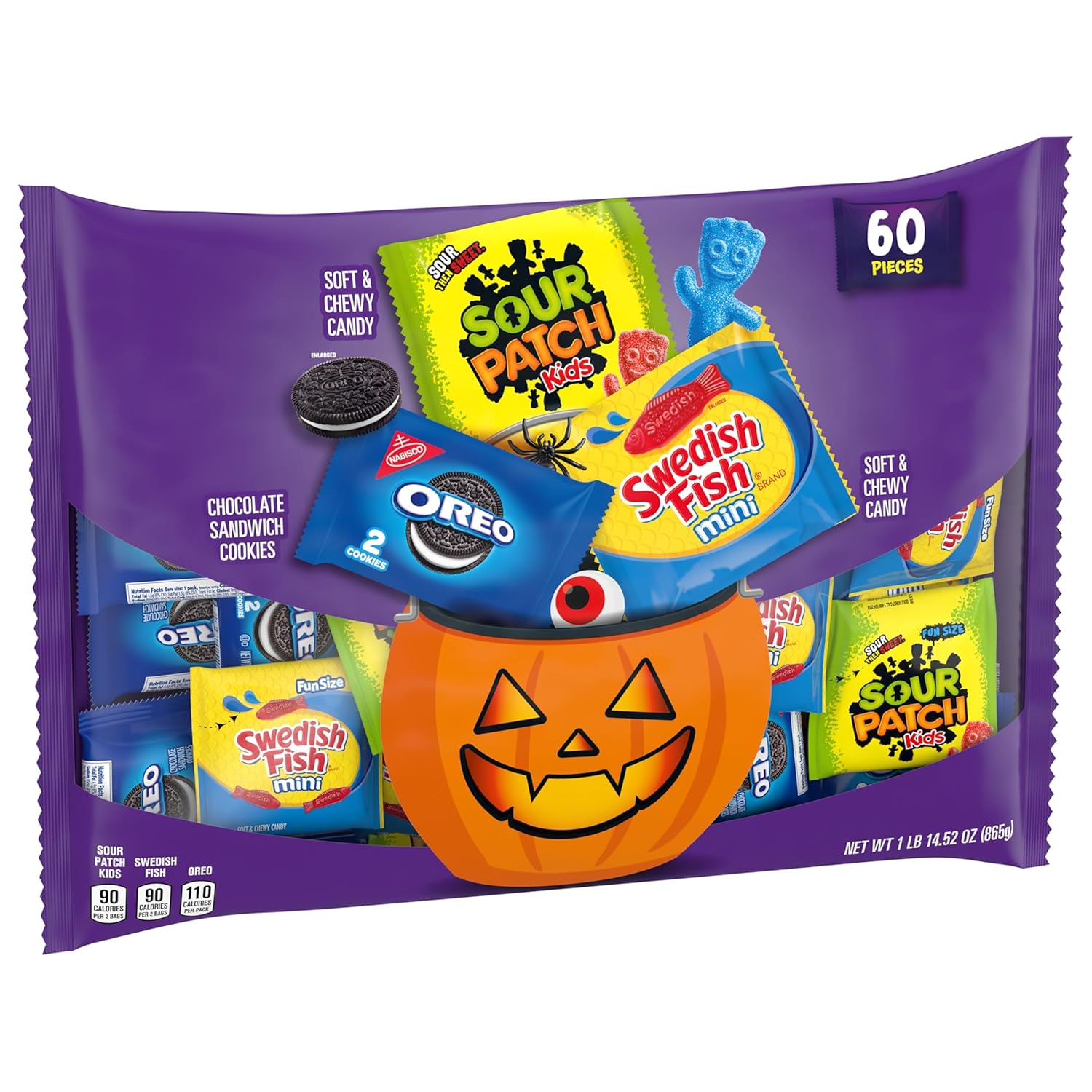 SOUR PATCH KIDS and SWEDISH FISH Mini Soft & Chewy Candy and OREO Chocolate Sandwich Cookies, Halloween Candy and Cookie Variety Pack, Bulk Candy, 60 Trick or Treat Bags