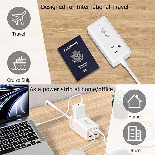 Miniatura 5 de FOVAL - Adaptador de enchufe de viaje europeo, regleta de alimentación FOVAL de EE. UU. a Europa de 75 W, cargador USB C con 5 puertos USB, 3